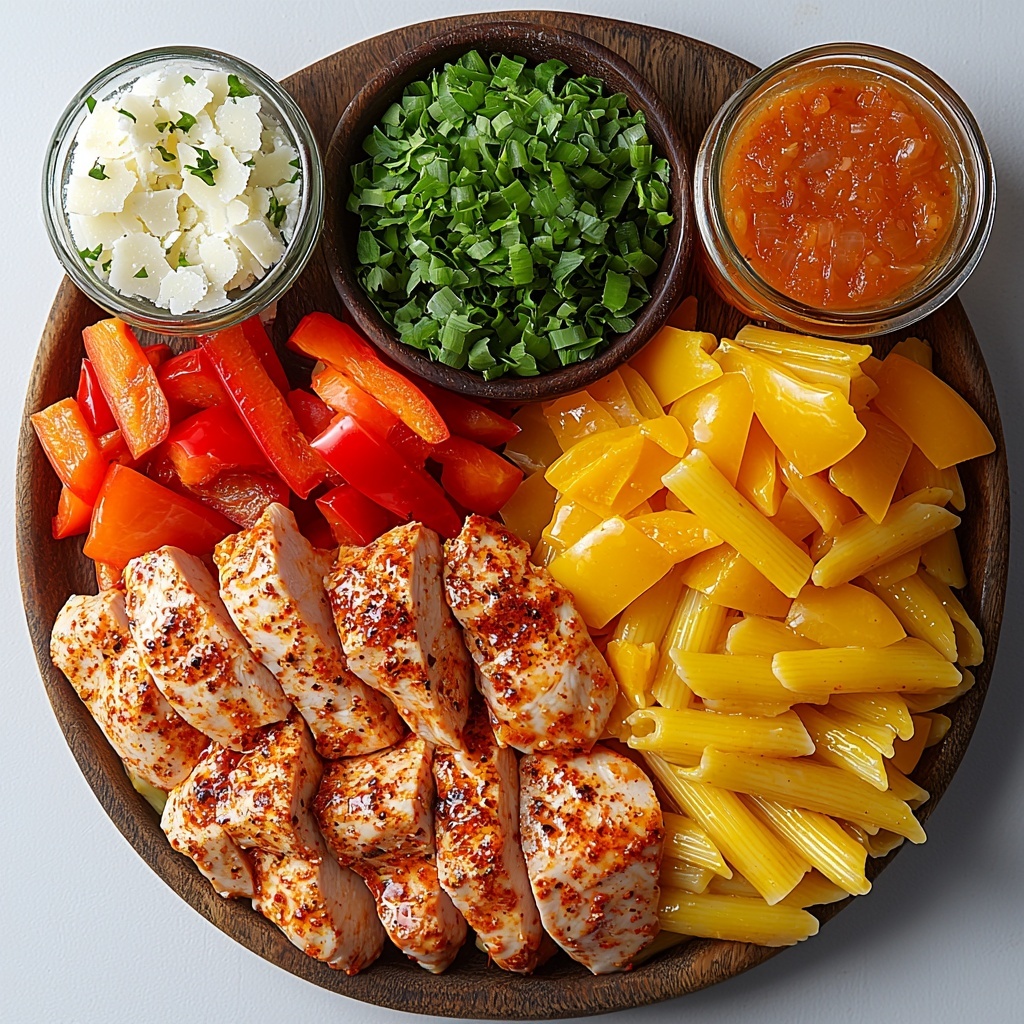 A vibrant flat lay of fresh Jamaican Rasta Pasta ingredients arranged neatly on a clean white surface: uncooked golden-yellow penne pasta in a small rustic bowl, two raw boneless skinless chicken breasts seasoned lightly with reddish-brown jerk seasoning sprinkled on top, a small glass bowl of deep green olive oil, three bell peppers sliced into thin strips—one bright red, one sunny yellow, and one vivid green—fanned out beside each other showcasing their glossy textures, a cluster of chopped green onions with fresh, crisp, bright green tops, a small dish of creamy, smooth white garlic paste, a small pile of coarse, warm-toned jerk seasoning powder, a clear glass cup filled with golden chicken broth, an opened can or bowl showing thick, velvety full-fat coconut milk in soft white contrast, and a rustic wooden bowl heaped with finely grated pale yellow Parmesan cheese. The arrangement is balanced with bright natural light casting soft shadows, colors popping vibrantly against the white background, capturing textures from the smooth chicken to the rough grated cheese and glossy bell peppers. Minimalist styling with a few scattered green onion slices and parsley leaves for garnish, slight scattering of seasoning for organic feel, clean and crisp, inviting and fresh. Overhead shot, top down view, flat lay photography, professional food styling --ar 1:1 --q 2 --s 750 --v 6.1