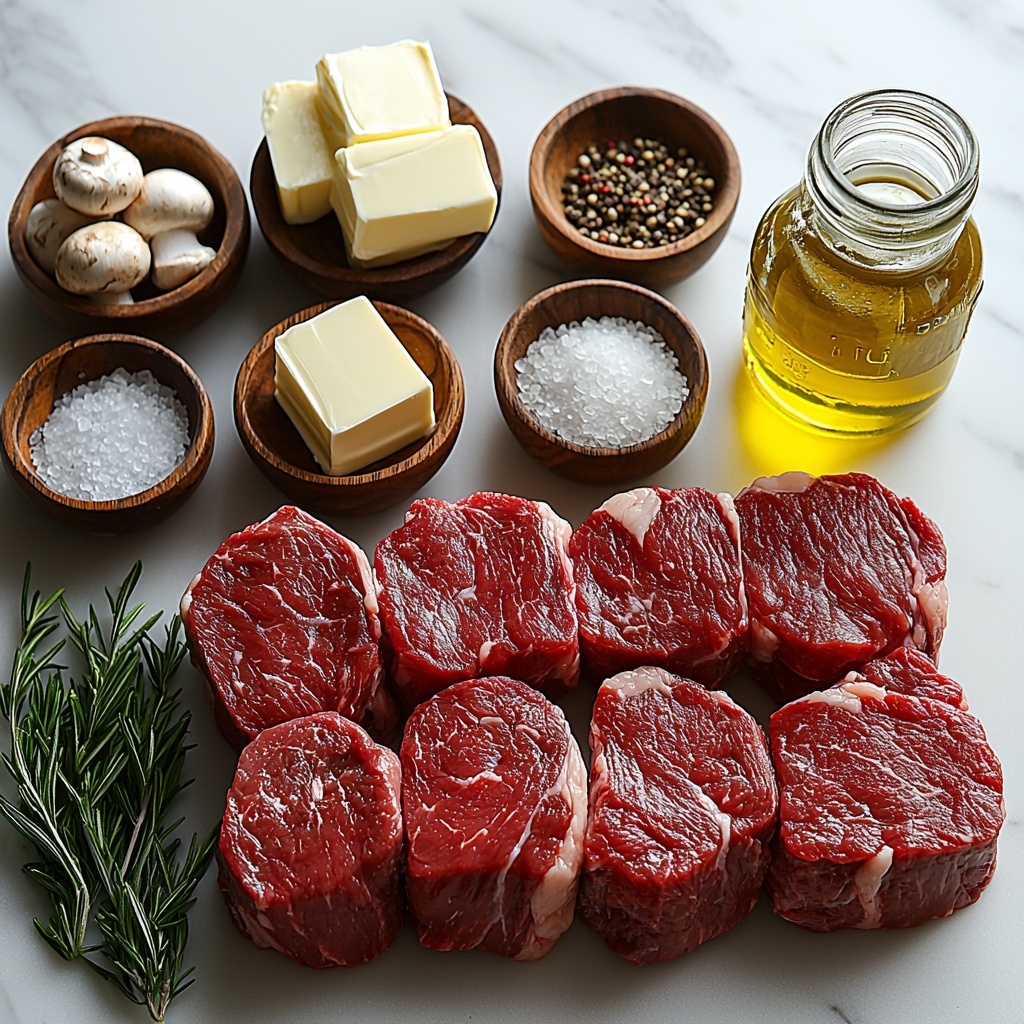 beef tenderloin raw, trimmed and tied, deep red with marbling, large cut centerpiece; fresh rosemary sprigs chopped bright green, scattered casually nearby; small bowls with kosher salt white crystalline, minced garlic cloves creamy white, and finely chopped onion translucent pale; sliced baby bella mushrooms rich brown with cream edges, neatly fanned out; small ramekins of olive oil golden yellow and unsalted butter pale yellow cubes; fresh thyme sprigs vibrant green, delicately placed; small jars of Dijon mustard smooth tan, and heavy cream glossy off-white pouring softly; ingredients arranged artfully on a clean white marble surface with soft natural light, subtle shadows for depth, minimal props like rustic wooden spoons and linen napkins for texture contrast, colors vivid and fresh, textures sharp and detailed, emphasizing freshness and richness overhead shot, top down view, flat lay photography, professional food styling --ar 1:1 --q 2 --s 750 --v 6.1