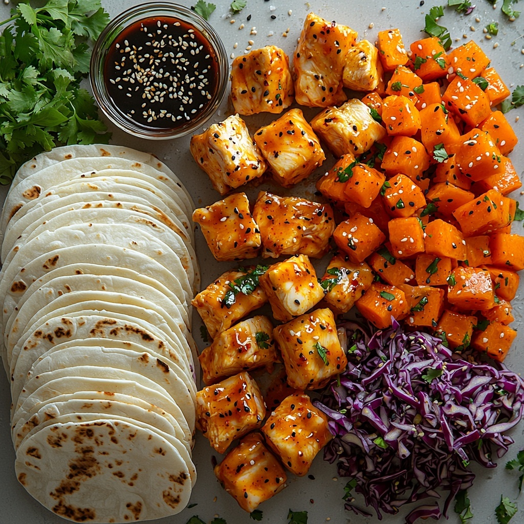 A clean white surface with a neatly arranged flat lay of ingredients for Firecracker Chicken Wraps: tender, bite-sized pieces of cooked boneless, skinless chicken breast glazed in glossy, vibrant orange-red firecracker sauce; a small mound of bright green chopped green onions; a heap of finely shredded, vivid orange carrots; a colorful coleslaw mix featuring shredded purple cabbage and white cabbage strands; four large, soft, off-white flour tortillas fanned out in a semi-circle; a small glass bowl of golden olive oil; scattered black peppercorns and coarse salt crystals; optional garnishes including fresh green cilantro leaves and black and white sesame seeds artistically sprinkled around; a small dipping bowl filled with fiery red-orange firecracker sauce for contrast. The textures range from smooth and saucy chicken to crunchy fresh vegetables and soft tortillas, illuminated by natural soft light to highlight freshness and vibrant colors, styled with minimal props for a modern, appetizing look. overhead shot, top down view, flat lay photography, professional food styling --ar 1:1 --q 2 --s 750 --v 6.1