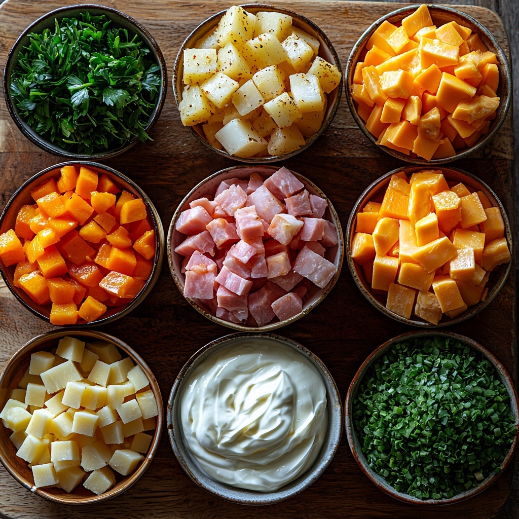 Russet potatoes cut into 1/2 inch cubes with their rough, earthy texture; diced medium yellow onion showing bright white and golden layers; vibrant orange sliced baby carrots arranged neatly; thick cut bacon strips with crispy browned edges; pink, tender ham cubes with marbled fat; fresh green parsley sprigs adding a pop of color; a rustic bowl of golden chicken broth with subtle oily sheen; a small glass of creamy white milk; a dollop of smooth, pale sour cream on a white ceramic dish; shredded sharp cheddar cheese with bright orange color and fine texture, all carefully arranged in separate bowls and piles on a clean, light wooden surface. The ingredients are spaced evenly with natural daylight illuminating them, casting soft shadows to enhance textures, styled with minimal rustic props like a wooden spoon and linen napkin for an inviting, fresh kitchen feel. overhead shot, top down view, flat lay photography, professional food styling --ar 1:1 --q 2 --s 750 --v 6.1