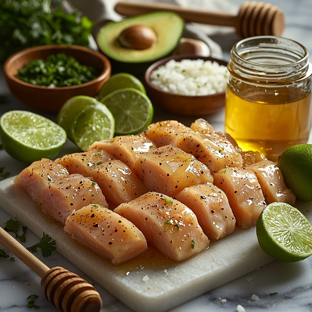 honey jar with thick golden honey dripping slightly, fresh bright green limes halved and whole showing juicy texture, small bowl of freshly squeezed lime juice glowing with citrus freshness, tiny bowl with finely grated lime zest, two fresh garlic cloves peeled and minced next to each other, raw boneless skinless chicken breasts neatly laid out pale pink with subtle sheen, small dish of coarse salt and a pepper mill nearby, spoon of clear cooking oil in a small glass container, bowl of fluffy cooked white rice with individual grains visible, pile of bright green chopped fresh coriander leaves scattered loosely, two ripe avocados halved and sliced with creamy pale green texture and smooth skin, a small bowl of lime juice with a sprinkle of salt next to sliced avocado, ingredients arranged on a clean white marble surface, natural soft daylight enhancing vibrant colors and textures, minimal shadows, slight gloss on chicken and honey, rustic wooden spoons and linen napkin styled nearby for a warm inviting feel, overhead shot, top down view, flat lay photography, professional food styling --ar 1:1 --q 2 --s 750 --v 6.1