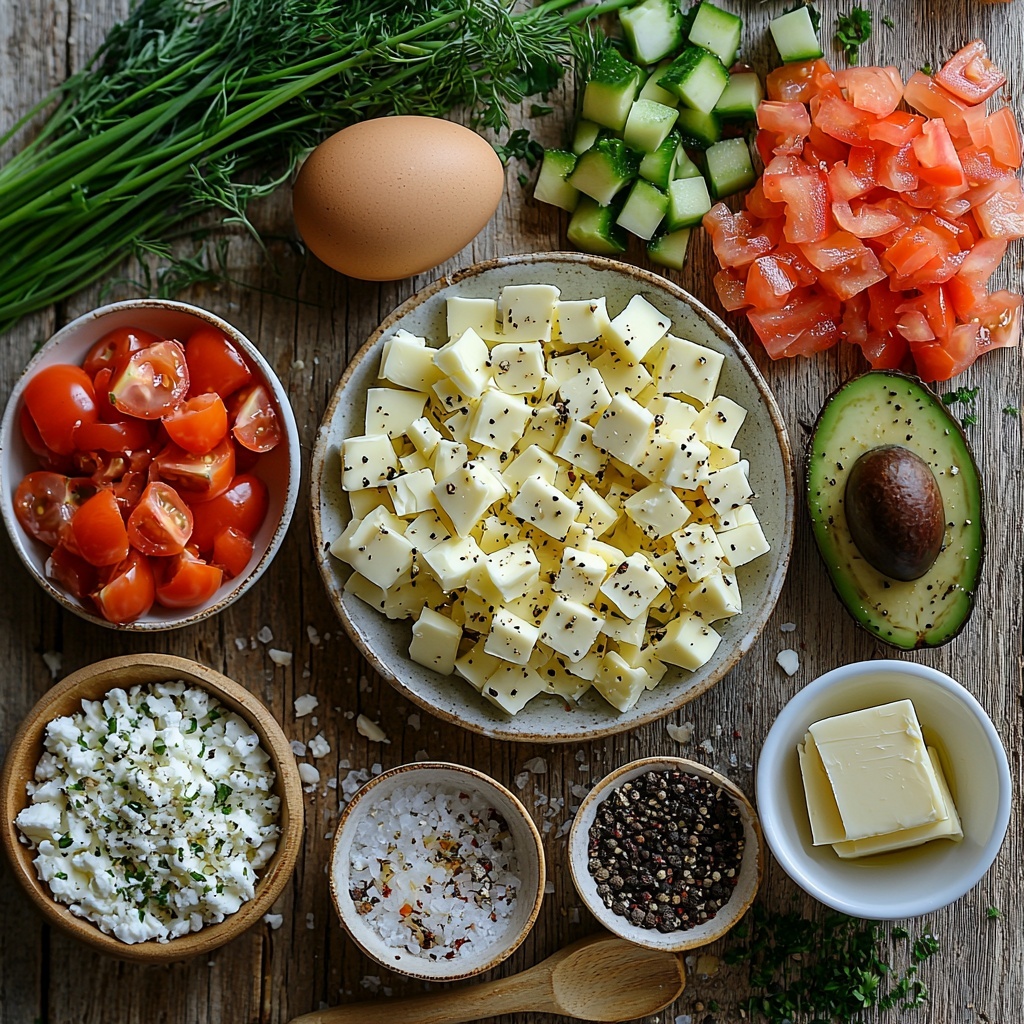 A bright and clean flat lay composition of Menemen ingredients arranged neatly on a light wooden surface. Centered are three fresh eggs with smooth, matte shells. To the left, a small white onion finely diced in a small clear glass bowl, showcasing its crisp, translucent layers. Next to it, diced green bell pepper chunks vibrant and glossy, with a small poblano pepper beside it for color contrast. A rustic can of diced tomatoes with rich red juicy chunks spilling slightly onto a white ceramic dish, highlighting their vibrant, slightly glossy texture. A small butter pat resting on a minimalist white butter dish, creamy and smooth with soft edges. A small bowl contains crumbled feta cheese, bright white and crumbly with uneven rustic texture. Nearby, a sliced avocado half showing its creamy light green flesh and dark seed, with a few thin green sliced chives and finely chopped parsley sprinkled artfully around. A petite white bowl holds Aleppo pepper, deep red with coarse texture, alongside scattered fine sea salt crystals and coarsely cracked black peppercorns for tactile interest. A drizzle of olive oil is artistically pooled in a shallow white dish, golden and glistening. The arrangement is balanced with negative space, soft natural daylight casting gentle shadows, and subtle rustic props like a wooden spoon and linen napkin subtly framing the scene. The overall mood is fresh, vibrant, and inviting, emphasizing color contrast and natural textures. Overhead shot, top down view, flat lay photography, professional food styling --ar 1:1 --q 2 --s 750 --v 6.1
