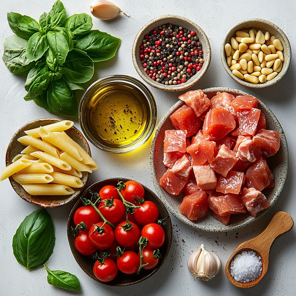 a vibrant flat lay of fresh cooking ingredients arranged neatly on a clean white surface: uncooked penne pasta in a small rustic bowl, raw bite-sized boneless skinless chicken breast pieces on a simple ceramic plate, a small glass dish with golden olive oil, scattered coarse salt and cracked black peppercorns in tiny bowls, a cluster of bright red halved cherry tomatoes, a heap of finely grated Parmesan cheese on a wooden spoon, fresh green basil leaves delicately spread around, a bunch of packed fresh basil leaves in a small bowl, a small white bowl filled with pine nuts, two peeled garlic cloves beside a wooden garlic press, and a drizzle of olive oil beside them; textures of smooth pasta, tender raw chicken, shiny oil, and rough grated cheese contrast beautifully; vibrant colors of red, green, pale beige, and golden yellow create balanced harmony; all elements thoughtfully spaced to highlight freshness and natural beauty, minimal shadowing, soft natural sunlight illuminating the scene, casting gentle highlights and subtle shadows; overhead shot, top down view, flat lay photography, professional food styling --ar 1:1 --q 2 --s 750 --v 6.1