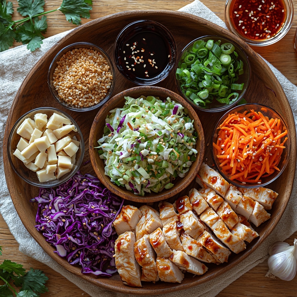 boneless skinless chicken breasts thinly sliced arranged in a small rustic bowl, small glass bowls with glossy dark teriyaki sauce and rich amber low-sodium soy sauce, a tiny dish of golden sesame oil, minced garlic cloves and a small pile of freshly grated pale yellow ginger on a wooden spoon, vibrant coleslaw mix of shredded white cabbage and bright orange carrots spread loosely on a white ceramic plate, thinly sliced green onions neatly fanned out nearby, a delicate clear glass bowl with pale golden rice vinegar, a small drizzle puddle of glossy honey, square golden wonton wrappers stacked slightly overlapping on a light linen napkin, a small bowl of bright red sweet chili sauce glistening under the light, scattered ivory sesame seeds and bright green chopped cilantro leaves placed artfully around the bowls, all arranged on a clean light wood surface with natural soft shadows highlighting the textures and fresh colors, minimalistic and airy styling with props like wooden spoons and small glass containers, overhead shot, top down view, flat lay photography, professional food styling --ar 1:1 --q 2 --s 750 --v 6.1