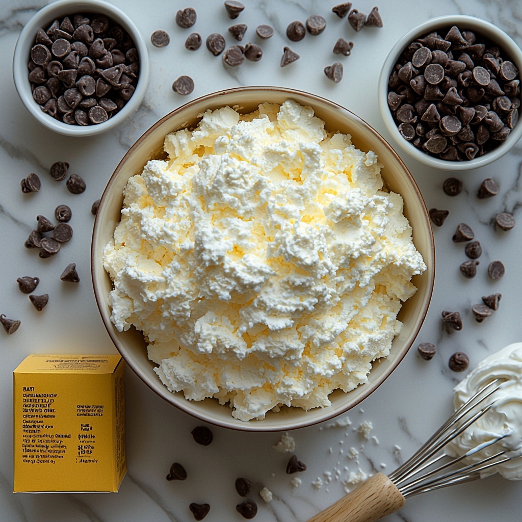yellow cake mix box with bright yellow packaging, small open box of vanilla instant pudding mix showing powder, clear glass measuring cup filled with cold white milk, a bowl of fluffy white Cool Whip topping, chilled heavy whipping cream in a sleek metal mixing bowl reflecting light, a small bowl of glossy semi-sweet chocolate chips, all ingredients neatly arranged on a clean white marble surface; soft natural lighting highlighting varied textures from powdery dry mixes to smooth creamy elements and shiny chocolate, delicate shadows adding depth, wood-handled whisk and a serrated knife placed casually nearby for a homey touch, pops of color from packaging contrasted with creamy whites and deep chocolate browns; crumbs and a few chocolate chips scattered carefully for visual interest, overhead shot, top down view, flat lay photography, professional food styling --ar 1:1 --q 2 --s 750 --v 6.1