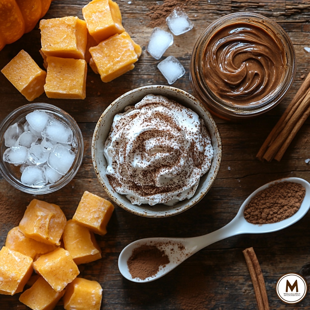 3 tablespoons glossy white marshmallow fluff in a small bowl, next to a rich amber jar of pumpkin spice sauce with visible spices, a smooth swirl of dark, creamy Nutella on a white ceramic spoon, a tiny pinch of coarse salt crystals scattered delicately on a wooden surface, a small clear espresso shot glass filled with vivid dark brown espresso, cubes of translucent ice arranged neatly nearby, a glass measuring cup filled with creamy, pale beige milk, and a small white bowl of fluffy, snowy pumpkin spice cold foam with light cinnamon dusting on top; all ingredients spaced evenly and thoughtfully on a clean, warm-toned wooden tabletop with soft natural light creating gentle shadows and emphasizing varied textures from creamy to crystalline; styled with a minimalistic rustic vibe, featuring subtle autumnal accents like a cinnamon stick and a dried pumpkin slice placed casually off to the side; overhead shot, top down view, flat lay photography, professional food styling --ar 1:1 --q 2 --s 750 --v 6.1