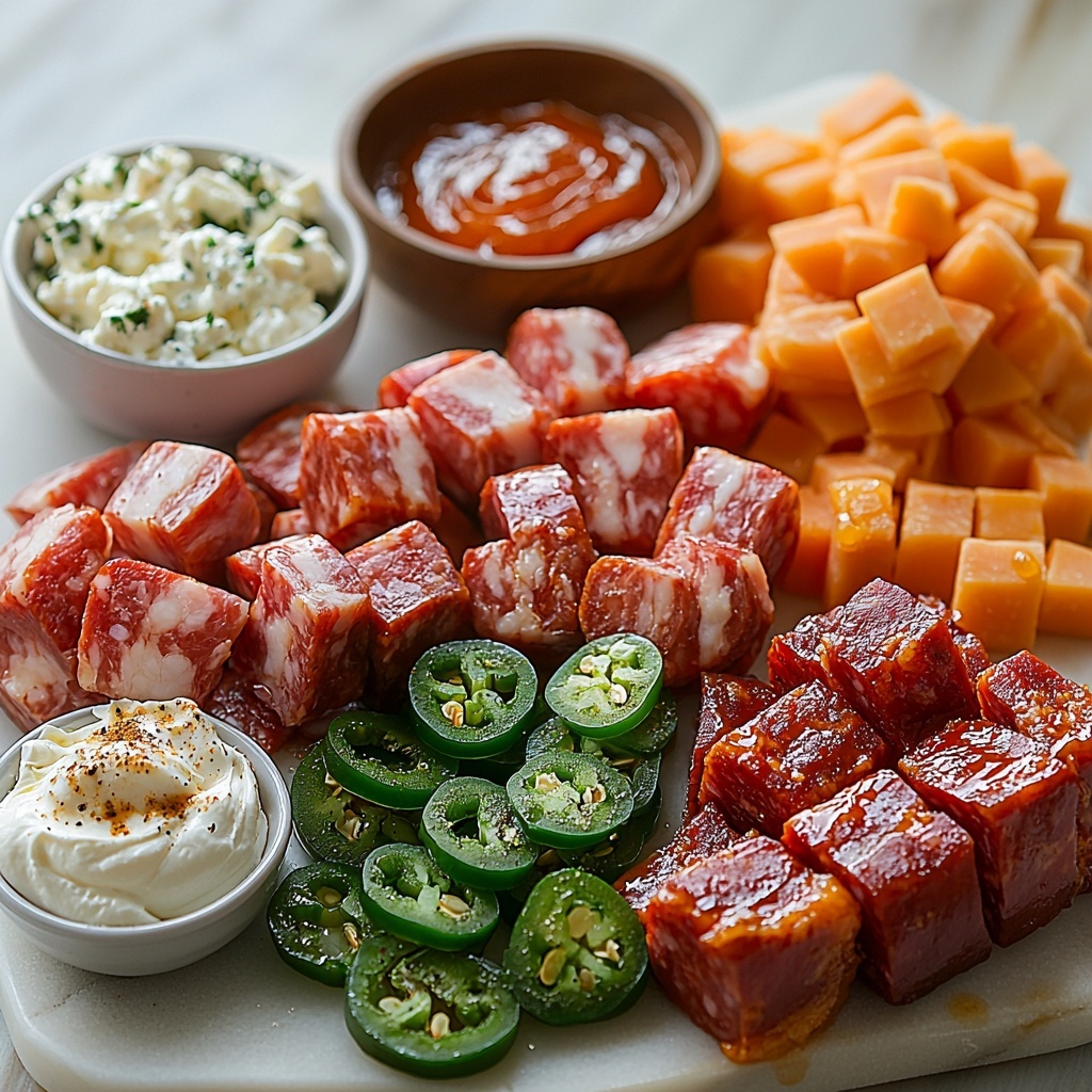 A clean white surface neatly arranged with the main ingredients for Pig Shots recipe: chunks of smoky smoked sausage or kielbasa with a rich reddish-brown color and a slightly glossy texture; thick-cut bacon strips displaying marbled pink and white fat layers; a small bowl of smooth, creamy white cream cheese at room temperature next to a dollop of pale sour cream; a small pile of diced bright green jalapeno pieces with a fresh, crisp look; a heap of shredded sharp cheddar cheese in a vibrant orange-yellow hue; a small bowl of deep amber BBQ sauce glistening with a sticky texture; a tiny bowl with golden honey reflecting light; a small dish containing fine, dark brown granulated brown sugar; a small wooden bowl filled with reddish-brown Slap Ya Mama seasoning powder; thin, glossy jalapeno slices arranged artfully on a small white plate. The ingredients are spaced evenly with a minimalist style on the clean surface, soft natural lighting highlighting the varied textures and vibrant colors, subtle shadows adding depth, all styled for an inviting, fresh, and appetizing overhead shot, top down view, flat lay photography, professional food styling --ar 1:1 --q 2 --s 750 --v 6.1
