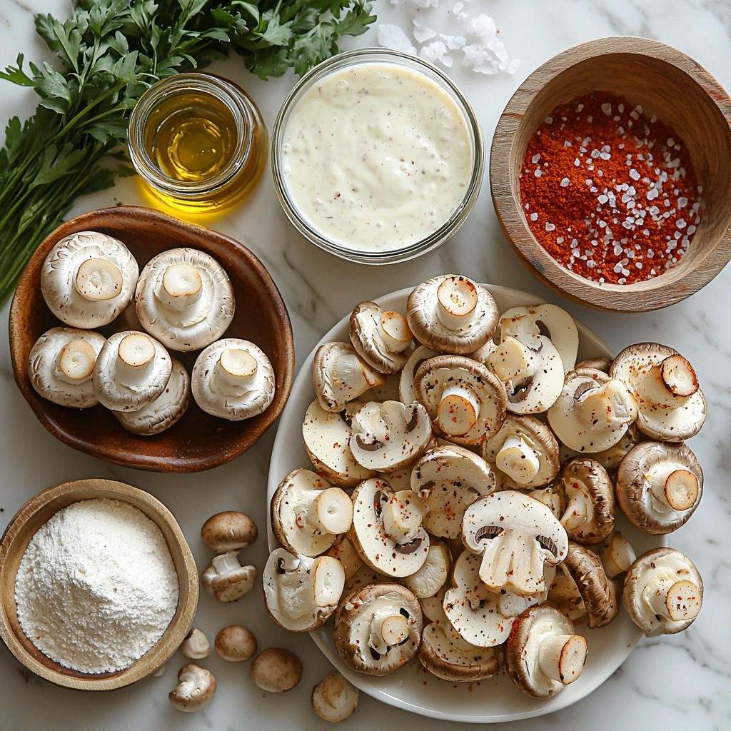 A clean white marble surface with raw small cremini and button mushrooms clustered on one side, some whole and some sliced in halves showing their creamy beige interiors; a small rustic bowl of all-purpose flour with a slightly scattered dusting around it; a glass mixing bowl filled with creamy, pale buttermilk with soft reflections on its surface; a shallow white plate heaped with golden, crunchy panko breadcrumbs mixed evenly with vibrant reddish chili powder, specks of dried oregano, and light beige garlic powder creating a seasoned texture contrast; small glass ramekins holding fine kosher salt and cracked black pepper, crystals and flakes clearly visible; a small clear dish of golden frying oil with warm highlights catching the light; a small jar or bowl of thick, smooth white buttermilk dressing with a subtle sheen; all elements arranged neatly but naturally spaced to balance colors and textures, styled with minimal shadows and bright, soft natural light enhancing the fresh, earthy tones of the mushrooms and warm spices, clean white and natural wood props subtly visible at edges; overhead shot, top down view, flat lay photography, professional food styling --ar 1:1 --q 2 --s 750 --v 6.1