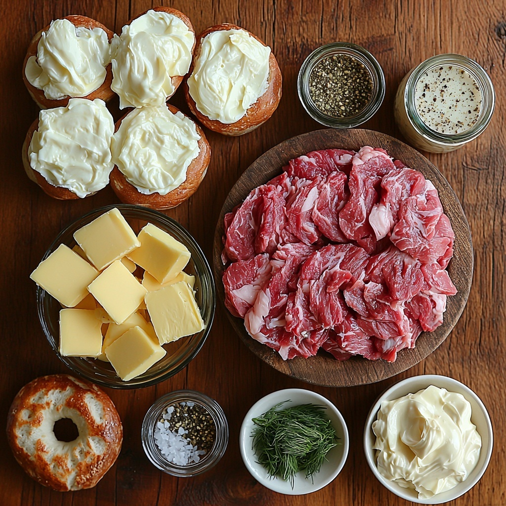 3 tablespoons unsalted butter in a small dish with smooth, creamy texture; 1 small onion sliced into thin rings with translucent white and purple hues, arranged loosely; 1/2 pound shaved steak, raw with rich red and marbled fat, displayed on a rustic shallow bowl; 4 beaten eggs in a glass bowl, bright yellow and slightly frothy; 1 teaspoon Montreal steak seasoning scattered gently on a small white ceramic spoon; 1 tablespoon Worcestershire sauce in a tiny clear glass jar, dark amber and glossy; 1/2 teaspoon salt in a small white porcelain dish; 2 slices creamy yellow American cheese placed flat with smooth edges; 2 bagels halved, golden brown toasted surface facing up, showing fluffy crumb inside; 1/2 cup mayonnaise in a small pale bowl with silky texture; 2 tablespoons mustard in a small ceramic dish, bright mustard yellow with slightly grainy texture; 1/4 teaspoon dried dill sprinkled delicately near the mustard, fine green flakes. All ingredients arranged neatly and spaced evenly on a clean, light wooden surface with natural soft light casting gentle shadows, styled with a minimalist and fresh aesthetic, emphasizing vibrant colors and varied textures, crisp focus, slight rustic touch with a linen napkin folded nearby. overhead shot, top down view, flat lay photography, professional food styling --ar 1:1 --q 2 --s 750 --v 6.1