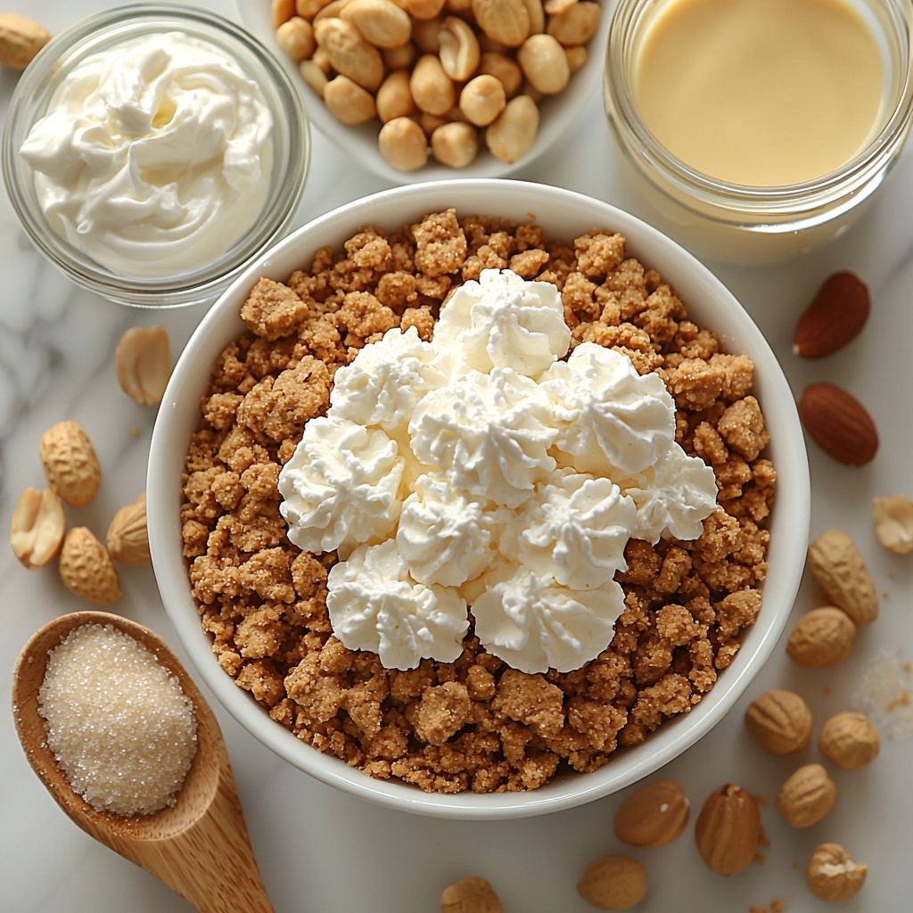 2 cups golden graham cracker crumbs in a small white bowl, a neat mound of light brown packed brown sugar beside it, a clear glass measuring cup filled with melted amber-colored butter, 8 ounces smooth, soft cream cheese on a white ceramic plate, a small bowl of creamy light brown peanut butter with a shiny surface, a small heap of fine white powdered sugar on a rustic wooden spoon, a clear glass bowl of thick, glossy heavy cream, a tiny glass dish with pale golden vanilla extract, and a small white bowl of chopped roasted peanuts showing varied textures and warm brown tones, all arranged evenly spaced on a clean matte white surface. Soft natural light highlights the creamy, granular, and smooth textures, with minimal shadows for a fresh, inviting look. Accents include a wooden spoon and a few scattered peanuts for visual interest. Overhead shot, top down view, flat lay photography, professional food styling --ar 1:1 --q 2 --s 750 --v 6.1