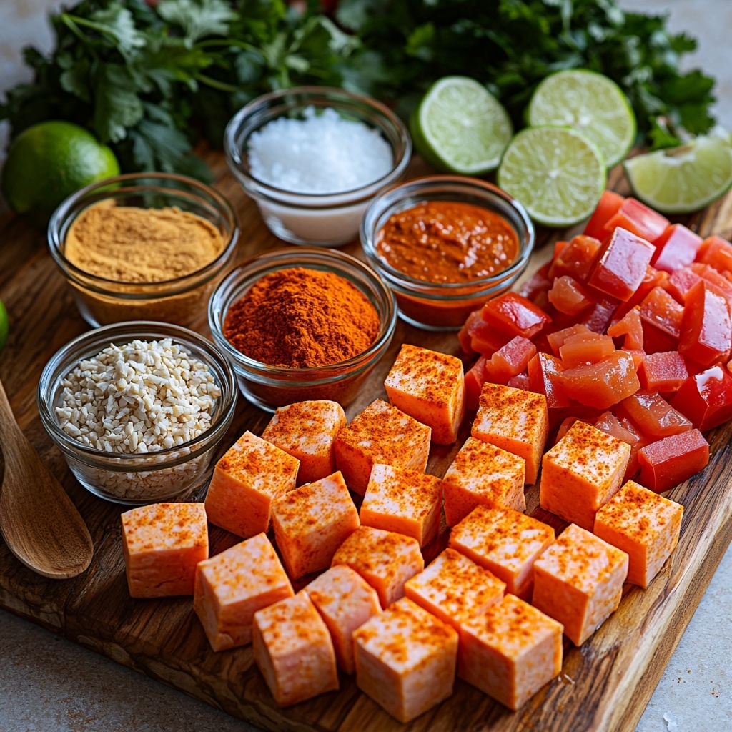Sweet potato diced into 1/2-inch cubes with vibrant orange color and rough, rustic texture; two red bell peppers thinly sliced showing glossy skin and bright red interior; small clear glass bowl of golden-yellow curry powder next to smaller bowls containing deep red smoked paprika, warm brown ground cumin, and dark reddish-brown chili powder; coarse white kosher salt crystals in a tiny white ceramic dish; raw boneless skinless chicken thighs with pale pink flesh and smooth texture placed neatly on a wooden cutting board; small glass bowl of bright green freshly squeezed lime juice alongside whole green limes; small clear dish of light golden extra virgin olive oil with a shiny surface; can of creamy white light coconut milk opened to reveal smooth texture; glass bowl with silky white cornstarch slurry; for garnish, small pile of fresh chopped cilantro with vibrant green leaves; neutral clean white surface background with soft natural lighting casting gentle shadows; ingredients carefully spaced and symmetrically arranged to highlight contrasting colors and textures; subtle props like a rustic wooden spoon and linen napkin casually placed to enhance warmth and invitation; overhead shot, top down view, flat lay photography, professional food styling --ar 1:1 --q 2 --s 750 --v 6.1