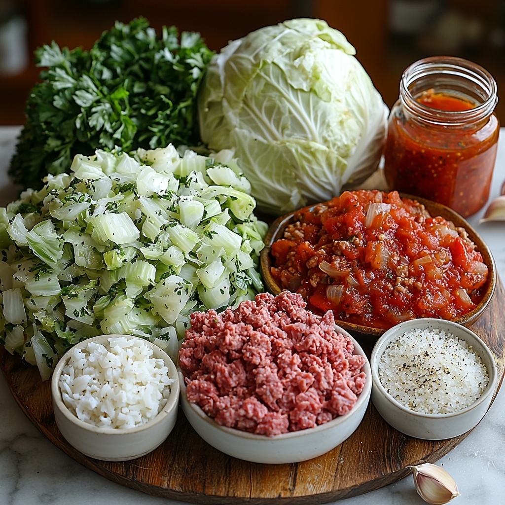 A clean white marble surface neatly arranged with the main ingredients for Unstuffed Cabbage Roll Casserole: a mound of fresh chopped green cabbage leaves showcasing their crisp, ruffled texture and vibrant pale green color; beside it, a rustic wooden bowl filled with a mix of raw ground beef and lean ground pork, rich red and pink tones visible; a small glass bowl of diced medium onion with translucent white and purple hues; another small bowl holding minced garlic cloves, creamy off-white and finely chopped; a clear glass jar of deep red tomato sauce with smooth texture; a small can of bright red diced tomatoes with juices, some spilling slightly to show chunky texture; a spoonful of thick, shiny tomato paste on a mini white ceramic dish; a scattering of fresh chopped parsley with bright, vibrant green leaves; a small heap of dried dill with muted green tones on a wooden spoon; a few pinches of coarse salt and black pepper grains artfully placed on the surface; a single fresh bay leaf with matte olive green color; a bowl of cooked fluffy rice, white and slightly sticky; and a small glass container of golden olive oil catching light. All ingredients are spaced evenly with subtle shadows, styled with natural light coming from the side, emphasizing textures and freshness, minimalistic and elegant presentation, soft neutral background, crisp, vivid colors, overhead shot, top down view, flat lay photography, professional food styling --ar 1:1 --q 2 --s 750 --v 6.1