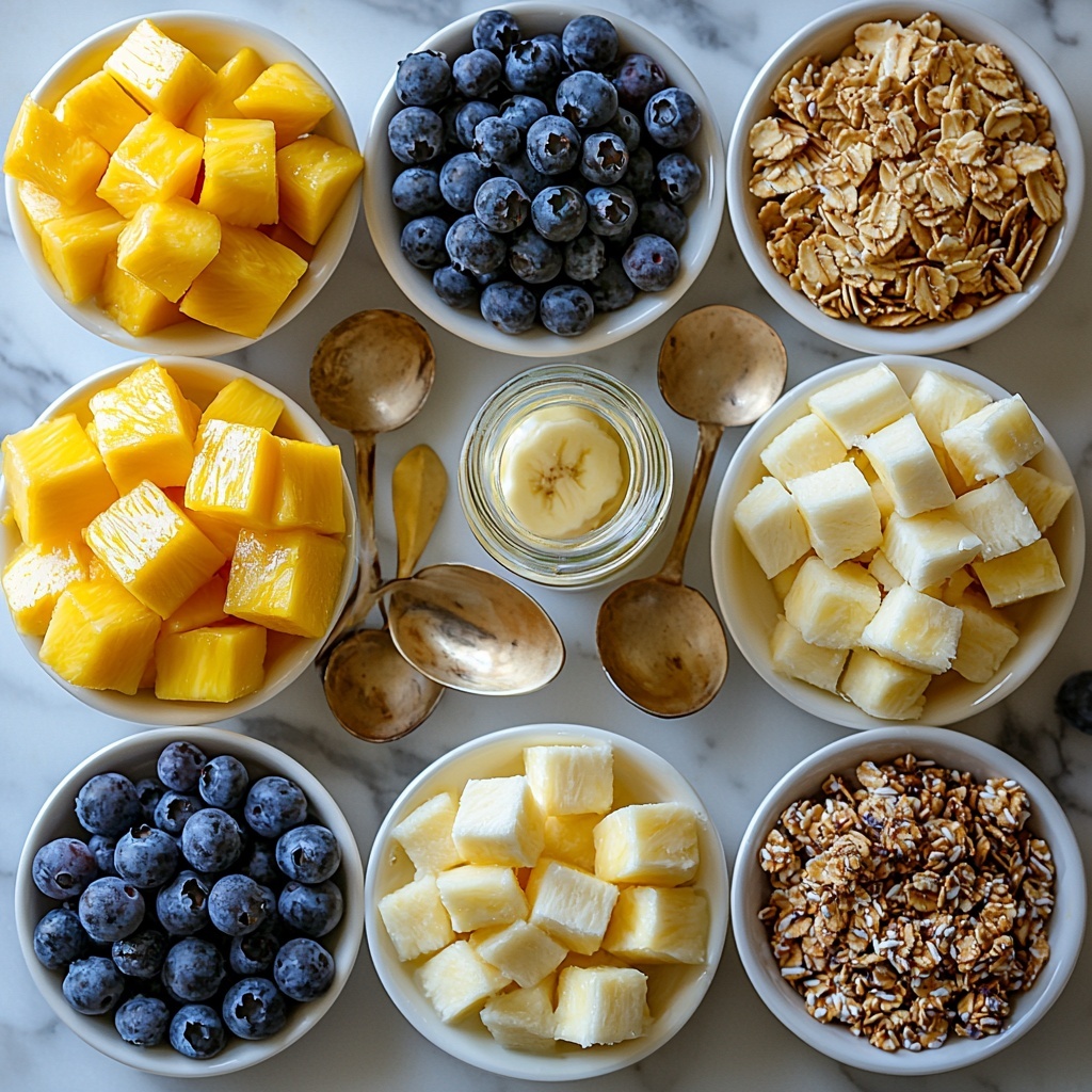 frozen mango chunks, frozen pineapple chunks, fresh banana, coconut water in a small glass jar, bright yellow and orange mango chunks, pale yellow pineapple pieces, creamy sliced banana, vibrant deep blue blueberries, delicate white coconut flakes, crunchy chai spiced granola with warm brown and cinnamon tones, all ingredients neatly arranged in small white ceramic bowls and spoons on a clean white marble surface, contrasting colors and textures vibrant and fresh, natural daylight softly illuminating the scene, minimal shadows, scattered coconut flakes and a few loose blueberries adding casual elegance, crisp focus with a shallow depth of field for texture details, modern and clean styling, overhead shot, top down view, flat lay photography, professional food styling --ar 1:1 --q 2 --s 750 --v 6.1