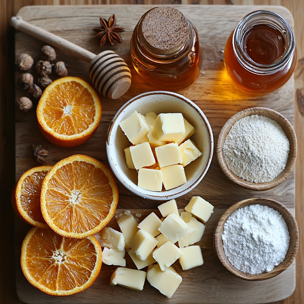 170g softened butter in a small vintage white ceramic bowl, glistening and creamy; 2 tablespoons golden honey drizzled in a clear glass jar catching warm light; 2 tablespoons dark, glossy molasses in a small rustic clay dish; a heap of fine, bright orange zest from one large orange scattered artfully nearby; a few dried orange rings, finely chopped, adding warm amber tones and rustic texture; assorted warm ground spices – cinnamon (deep reddish-brown), ginger (pale tan), grated nutmeg (light brown specks), cardamom (soft beige), clove and allspice (dark brown specks) – each in tiny white porcelain spoons arranged in a neat line; a small glass bottle of amber vanilla extract with a wooden cork; 2 1/2 cups pale off-white flour loosely piled with gentle flour dusting nearby; 1 1/4 cup fine white icing sugar in a delicate ceramic bowl, its powdery texture catching soft shadows; a small clear glass bowl of fresh orange juice with vibrant golden-orange hue; a tiny clear bottle with deep amber Cointreau liqueur reflecting light; a pinch of dark finely ground clove in a slender white spoon; all ingredients carefully spaced on a smooth, light natural wood surface, natural daylight casting soft shadows highlighting textures and colors, styled with rustic linen napkin edges peeking in, minimalistic cutlery and a wooden honey dipper for visual interest, balanced composition emphasizing warm festive tones, cozy and inviting mood — overhead shot, top down view, flat lay photography, professional food styling --ar 1:1 --q 2 --s 750 --v 6.1
