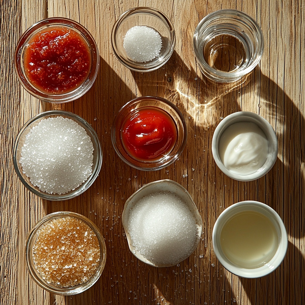 granulated sugar in a small glass bowl with sparkling white crystals, a clear measuring cup filled with white vinegar, a glass measuring cup holding clean, transparent water, a small dollop of bright red ketchup on a white ceramic dish, a small white bowl containing fine white cornstarch powder, a tiny glass bowl with clear water, all ingredients neatly arranged on a smooth, light wooden surface with natural soft lighting creating gentle shadows, minimalistic and clean styling emphasizing the vibrant colors and varying textures of the ingredients, subtle reflections on glassware, negative space around each item to highlight their shapes and colors, overhead shot, top down view, flat lay photography, professional food styling --ar 1:1 --q 2 --s 750 --v 6.1