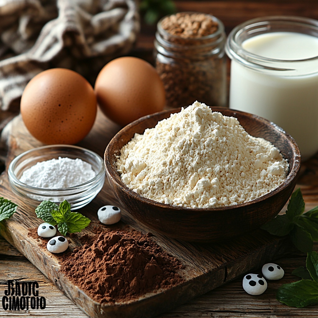 flour in a small white ceramic bowl with a fine powder texture, natural unsweetened cocoa powder in a rustic wooden scoop showing rich dark brown powder, sifted powdered sugar in a glass bowl with fluffy white texture, baking powder and baking soda in small vintage measuring spoons with matte metallic finish, salt in a tiny porcelain dish with fine crystalline grains, granulated sugar in a clear glass jar showing sparkling crystals, a small glass bowl of golden canola oil with a smooth reflective surface, one large brown egg with smooth shell, a small glass bowl of amber vanilla extract, buttermilk in a clear measuring cup with creamy off-white liquid, a stick of unsalted butter resting on parchment paper showing pale yellow creamy texture, milk or heavy cream in a tiny glass pitcher with glossy white liquid, pinch of salt on a natural linen cloth, 24-28 colorful googly candy eyes scattered for playful contrast, mini marshmallows quartered neatly arranged in a small white dish showing soft fluffy texture. All items are carefully spaced on a clean warm-toned wooden surface, styled with natural soft lighting creating gentle shadows, a few sprigs of fresh green mint leaves for a pop of color, minimalistic and tidy composition emphasizing texture and ingredient freshness overhead shot, top down view, flat lay photography, professional food styling --ar 1:1 --q 2 --s 750 --v 6.1