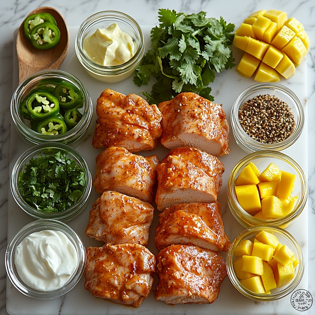 Peruvian chicken ingredients flat lay on a clean white marble surface: raw chicken thighs and breasts with glossy skin arranged neatly, small glass bowl of golden olive oil or melted butter, scattered whole garlic cloves with papery skins partially peeled, bright green chopped jalapeño halves and whole jalapeños, rustic wooden spoon heaped with vibrant ground cumin, small dish of deep red smoked paprika powder, coarse salt and black pepper in tiny white ceramic bowls, fresh chopped cilantro and parsley sprigs displaying vibrant green hues, diced bright yellow mango chunks in a clear glass bowl, ripe avocado pieces showing creamy green texture, half cup of creamy white mayo and plain Greek yogurt in matching white ramekins, bunches of fresh cilantro and parsley leaves artfully fanned out, two fresh jalapeños with smooth shiny skin, peeled garlic cloves, small glass jar of fresh lime juice with a few lime wedges beside it, drizzle of glossy toasted sesame oil in a miniature bowl. Ingredients arranged symmetrically with natural soft daylight, minimal shadows, clean and fresh aesthetic, subtle linen napkin and wooden tongs adding warmth, focus on bright colors and varied textures, overhead shot, top down view, flat lay photography, professional food styling --ar 1:1 --q 2 --s 750 --v 6.1