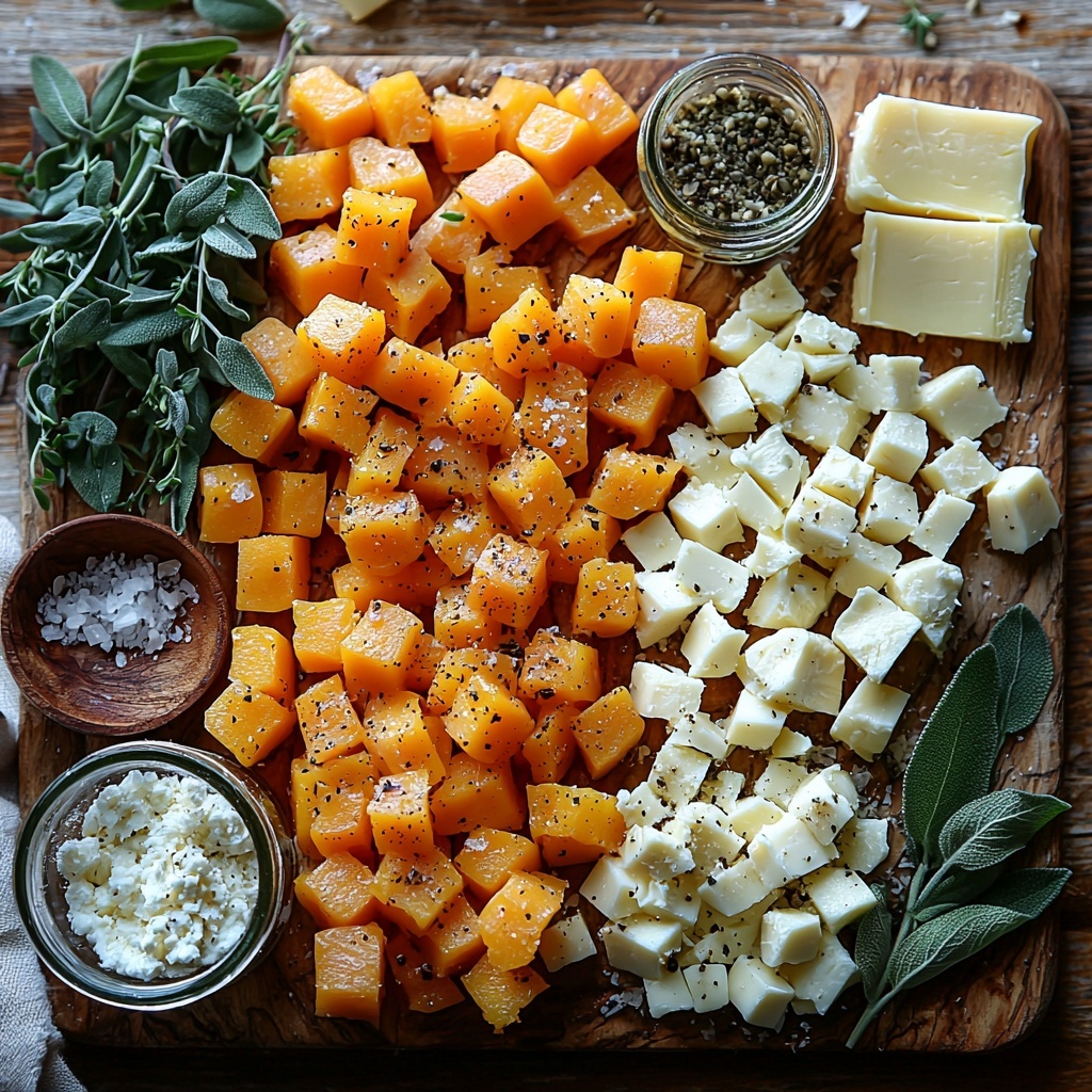 1 tablespoon extra virgin olive oil in a small glass jar, vibrant golden color gleaming; 2 cups bright orange cubed butternut squash, fresh and plump; 6 to 10 whole garlic cloves, some peeled showing smooth creamy white surfaces, others unpeeled with papery skins; fresh green thyme sprigs with delicate leaves scattered; small pile of finely chopped fresh rosemary, deep forest green; tiny heap of crushed red pepper flakes, vivid red with texture; coarse kosher salt crystals and cracked black peppercorns in small white ceramic bowls; 8 slices thinly sliced prosciutto arranged with soft, translucent pink and white marbled fat folds; creamy white ricotta cheese in a rustic ceramic bowl, slightly textured; 1 pound dried pasta, long or short shapes, pale yellow color, neatly fanned out; 2 tablespoons salted butter in a small square wrapped in parchment, pale creamy yellow; fresh sage leaves, bright green with textured veins; shredded gouda cheese pile, rich golden color; finely grated parmesan cheese mound, snowy white and fluffy, all ingredients thoughtfully spaced and styled on a clean light wooden surface with natural soft lighting casting gentle shadows, subtle rustic kitchen props like a wooden spoon and linen napkin placed tastefully nearby to enhance a warm, inviting atmosphere — overhead shot, top down view, flat lay photography, professional food styling --ar 1:1 --q 2 --s 750 --v 6.1