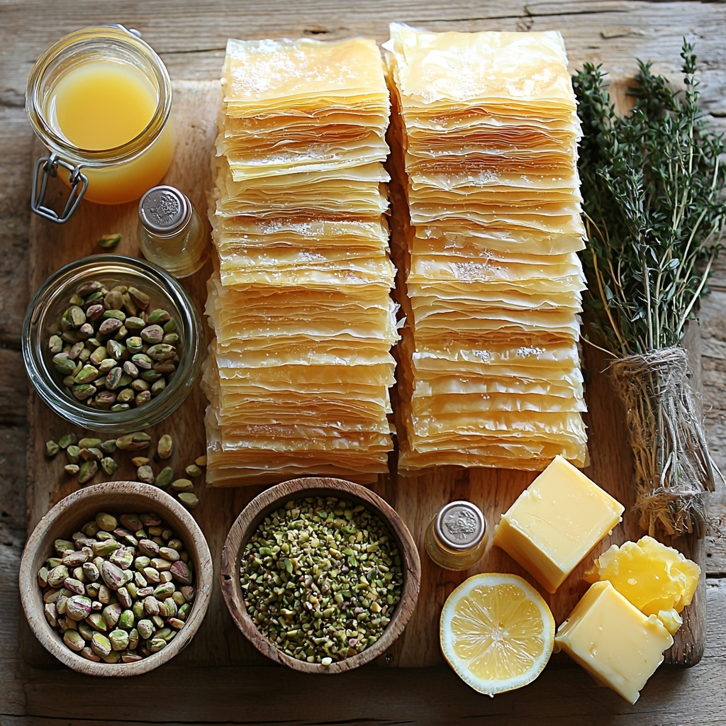 Authentic Turkish pistachio baklava ingredients artfully arranged on a clean, light wooden surface. Include a stack of delicate, thin phyllo pastry sheets with a slight translucent golden hue, next to a small bowl filled with melted golden butter or ghee, shimmering under soft natural light. Nearby, a rustic bowl overflowing with unshelled pistachios showing vibrant green nuts and rough brown shells, alongside a smaller bowl containing coarsely chopped bright green pistachios with varied texture. A clear glass bowl of sparkling granulated sugar crystals catches the light, next to a simple glass measuring cup with fresh lemon juice glowing pale yellow, accompanied by a whole lemon wedge with textured peel and fresh lemon zest strands artfully sprinkled beside it. Include a small elegant bottle or dropper of delicate rose water for a subtle floral note. Arrange everything neatly with slight overlaps and scattered lemon zest for visual interest, emphasizing organic textures and bright fresh colors on a neutral background. Soft shadows and diffused natural light highlight the textures and freshness, styled minimally yet inviting. overhead shot, top down view, flat lay photography, professional food styling --ar 1:1 --q 2 --s 750 --v 6.1