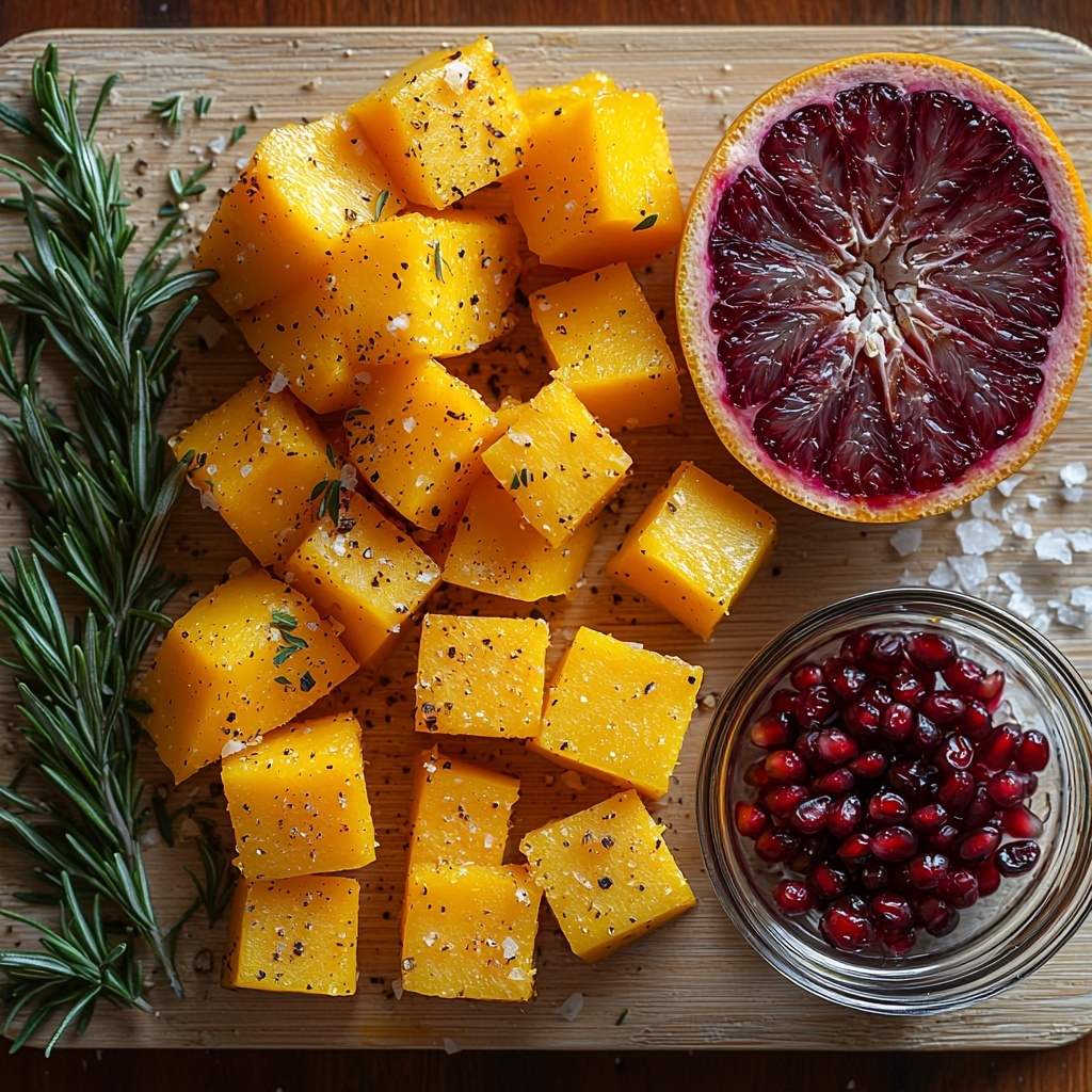 Butternut squash cubes and sweet potato chunks neatly separated on a clean, light wooden surface; a small cluster of garlic cloves, some peeled and some unpeeled with rough papery textures; a fresh rosemary sprig and a small pile of finely chopped rosemary leaves nearby; a bright navel orange, one half whole and another half juiced with visible pulp and a small heap of vibrant orange zest; a clear glass bowl with golden extra virgin olive oil infused with chopped garlic, rosemary, and orange zest; scattered pink-red pomegranate seeds and dark red dried cranberries adding pops of color; a small bunch of fresh, bright green chopped parsley leaves; salt and black pepper grains arranged in minimal piles, all ingredients laid out with balanced spacing, natural soft lighting highlighting vivid autumnal colors and varied textures, rustic yet elegant presentation, complementary shadows adding depth, overhead shot, top down view, flat lay photography, professional food styling --ar 1:1 --q 2 --s 750 --v 6.1