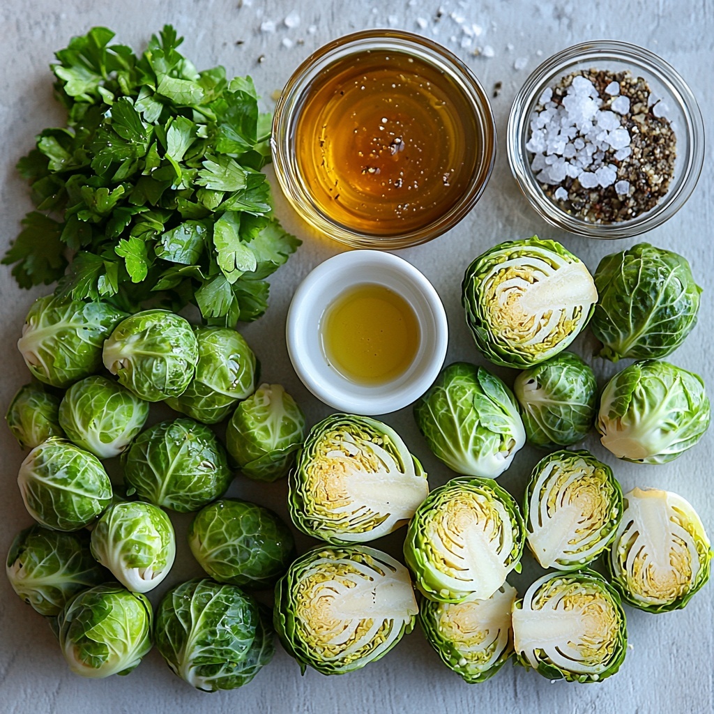 1 lb fresh Brussels sprouts, trimmed and halved, vibrant green with textured leafy layers; two small glass bowls—one with golden olive oil, the other with dark, glossy balsamic vinegar; a drizzle of amber honey in a small white ceramic spoon; small piles of coarse sea salt and ground black pepper on a clean white surface; a tiny heap of fine pale beige garlic powder; a scattering of bright, finely chopped fresh parsley leaves; all ingredients thoughtfully spaced and balanced on a smooth white or light wood tabletop, highlighting natural colors and contrasting textures; soft natural light casting gentle shadows to enhance freshness and detail; minimal, modern styling with a crisp, clean aesthetic, emphasizing the rustic simplicity and wholesome appeal of the ingredients — overhead shot, top down view, flat lay photography, professional food styling --ar 1:1 --q 2 --s 750 --v 6.1