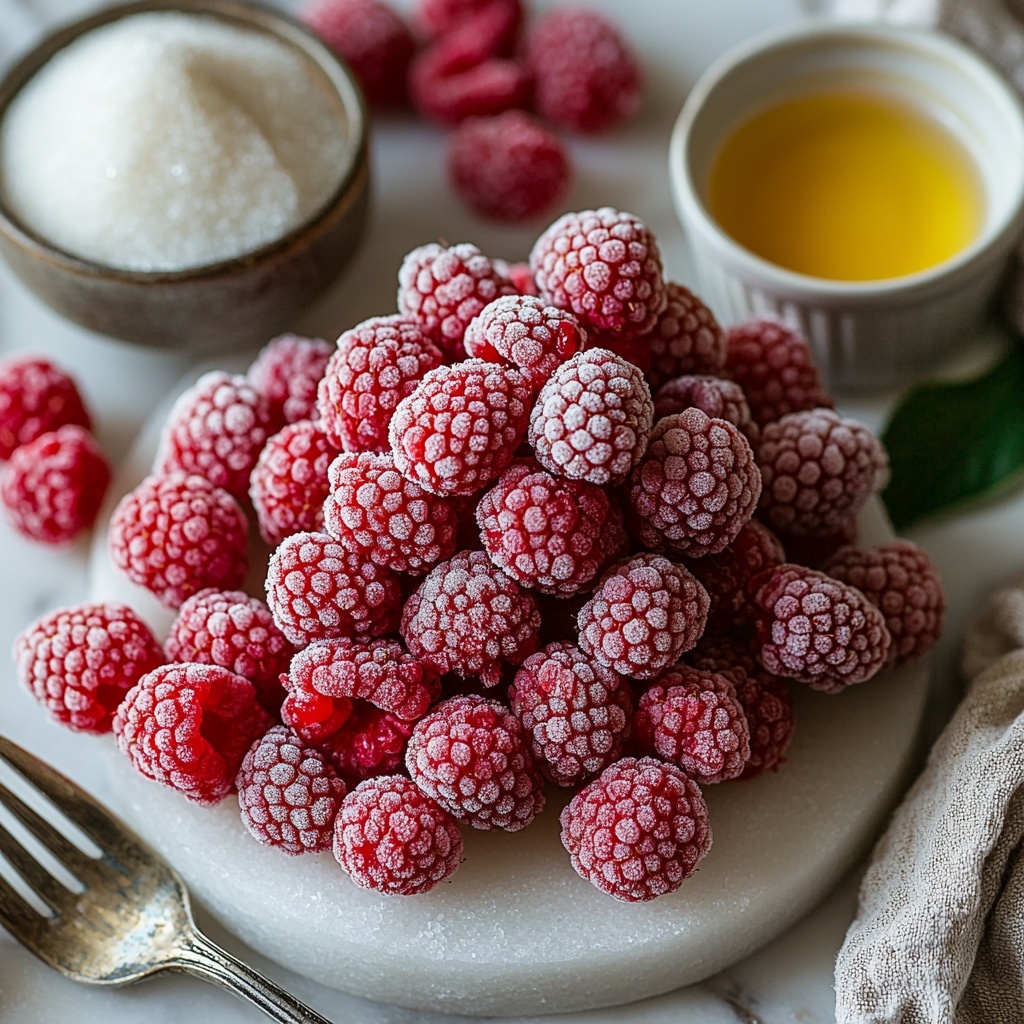 Ripe fresh raspberries and vibrant frozen raspberries piled loosely with some scattered around, a small glass bowl of granulated sugar sparkling in the light, a tiny dish filled with bright yellow lemon juice, a small clear bowl holding pure vanilla extract with its rich amber hue, a white ceramic spoon with a neat pile of fine white cornstarch, and a small transparent cup of clear water. All ingredients carefully arranged on a pristine white marble surface with soft natural morning light casting gentle shadows. The textures range from the delicate, bumpy raspberries to the smooth liquids and powdery cornstarch, creating contrast and visual interest. Minimalist styling with a light linen napkin folded nearby and a vintage silver fork for a touch of rustic charm. Overhead shot, top down view, flat lay photography, professional food styling --ar 1:1 --q 2 --s 750 --v 6.1