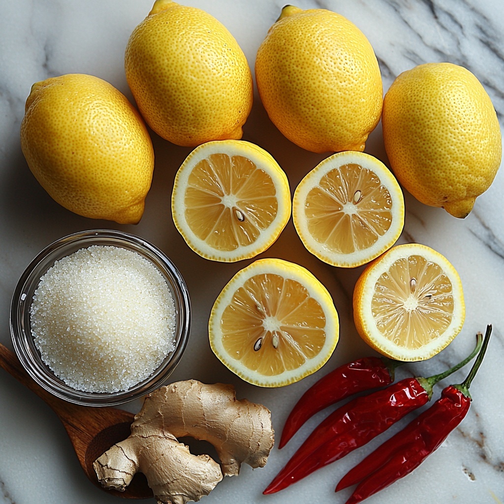 freshly squeezed lemon juice in a small glass bowl with bright yellow liquid, whole fresh lemons and lemon halves showing vivid yellow rind and juicy pulp, a small heap of finely grated ginger root with fibrous, pale beige texture on a wooden spoon, two fresh red chili peppers finely chopped into small pieces scattered neatly beside a whole chili with smooth shiny red skin, a white ceramic bowl filled with white granulated sugar crystals catching the light, a small packet of pectin with crisp packaging placed nearby, all ingredients arranged neatly and spaced evenly on a clean white marble surface that enhances the vibrant yellows and reds, soft natural lighting emphasizing the fresh textures and bright colors, slight shadows adding depth, minimalistic styling with subtle rustic props like a wooden spoon for warmth, overhead shot, top down view, flat lay photography, professional food styling --ar 1:1 --q 2 --s 750 --v 6.1