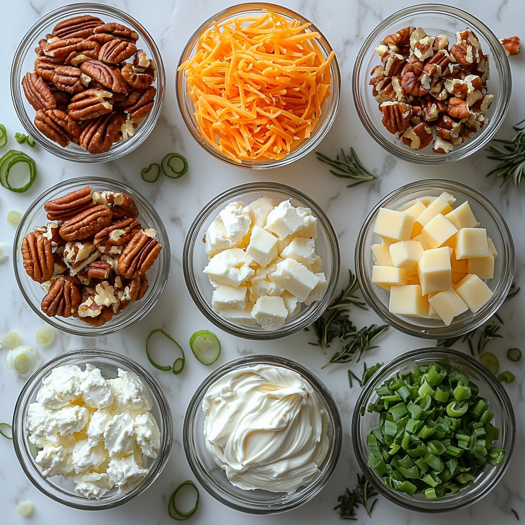A clean white marble surface with all the main ingredients for Thanksgiving mini cheese cups artfully arranged in a balanced flat lay composition: a small bowl of smooth, creamy white cream cheese, a pile of bright orange shredded cheddar cheese, a heap of finely chopped vibrant green onions, a small rustic bowl filled with crunchy, textured chopped pecans, a small glass dish of dark amber Worcestershire sauce with a slight sheen, and a neat stack of golden, crisp mini phyllo pastry cups with delicate flaky layers visible. Soft natural light highlights the varied textures and rich colors, with subtle shadows adding depth. Scattered pecan pieces and green onion slices gently placed around for an organic feel. Overall cool tones with warm pops of orange and brown, styled for appetizing, inviting food photography. Overhead shot, top down view, flat lay photography, professional food styling --ar 1:1 --q 2 --s 750 --v 6.1