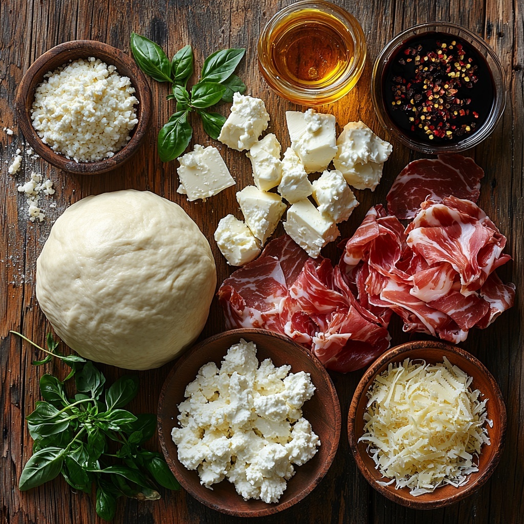 a clean, bright surface with all the main ingredients for white pizza artfully arranged in a flat lay composition: a ball of smooth, slightly floured pizza dough with a pale beige tone; a small bowl of creamy, white ricotta cheese with a soft, fluffy texture; a wooden bowl filled with shredded mozzarella cheese, pale yellow and fluffy strands; a small pile of finely grated parmesan cheese, light off-white and slightly powdery; thin, delicate slices of rosy pink beef prosciutto casually layered to show marbling and silky texture; fresh oregano stems with vibrant green leaves scattered naturally nearby; a small glass bowl of golden honey with a glistening, sticky surface; a tiny dish holding fiery red cayenne pepper powder and red pepper flakes, their deep reds providing a bold contrast; a small glass container of dark, glossy balsamic vinegar adding richness to the palette. Soft natural light highlights the varied textures—smooth dough, creamy cheeses, delicate meat slices, fresh herbs, and shiny honey—while shadows add depth. The ingredients are spaced evenly but with a relaxed, inviting arrangement on a light wooden or white surface to enhance their fresh colors and textures. overhead shot, top down view, flat lay photography, professional food styling --ar 1:1 --q 2 --s 750 --v 6.1