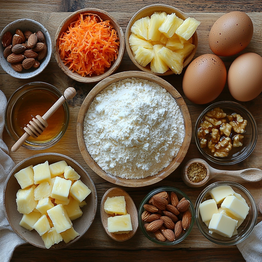 A flat lay arrangement of the main ingredients for a Pineapple Carrot Cream Cake on a clean, light wooden surface: a rustic bowl filled with 2 cups of all-purpose flour, spilling slightly to show fine white texture; small glass jar of golden honey with a wooden honey dipper; measuring spoons holding baking powder, baking soda, salt, ground cinnamon, nutmeg, and ground ginger, each spice vividly showing warm brown, beige, and rust tones; a clear bowl with 1 cup of bright orange grated carrots; a small white bowl containing drained, juicy crushed pineapple chunks with a glossy sheen; a glass jug of golden vegetable oil reflecting soft light; four large brown eggs with smooth shells arranged neatly; a small pile of roughly chopped walnuts with textured, earthy brown pieces; a small bowl of creamy white cream cheese; a vintage creamer with soft yellow butter chunks; a tiny dish with vanilla extract showing dark amber color; and a delicate drizzle of amber maple syrup on a clean white spoon for shine. The ingredients are spaced evenly with natural light creating gentle shadows, accented by soft linen napkins and warm autumnal props enhancing the rich, cozy colors and textures. The composition balances rustic homestyle charm with crisp, clean professional food styling. Overhead shot, top down view, flat lay photography, professional food styling --ar 1:1 --q 2 --s 750 --v 6.1