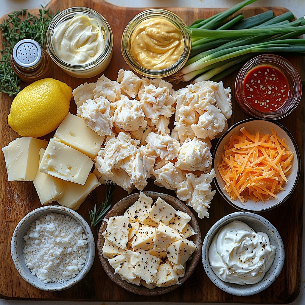 16 ounces lump crab meat in a small rustic bowl showing flaky texture, 8 ounces softened cream cheese on a smooth white ceramic plate with a butter knife, ½ cup mayonnaise and ½ cup sour cream in clear glass bowls displaying creamy, glossy textures, ½ cup shredded sharp cheddar cheese piled neatly on a wooden board, half a bright yellow lemon cut to show juicy interior, small jar of golden dijon mustard with a tiny spoon, a small dish of vibrant Old Bay seasoning powder, a tiny bottle of red hot sauce (Tabasco or Crystal) partially open, coarse salt and freshly ground black pepper in small white ramekins, ½ cup grated parmesan cheese in a small bowl with a fine texture, fresh green onions sliced and whole placed artfully for a pop of vibrant green color, all ingredients arranged thoughtfully on a clean white surface with natural soft lighting that enhances colors and textures, subtle shadows for depth, minimal props for a fresh, inviting look, overhead shot, top down view, flat lay photography, professional food styling --ar 1:1 --q 2 --s 750 --v 6.1