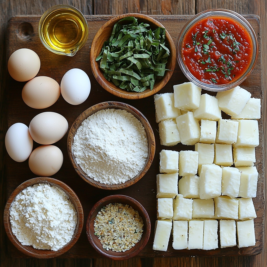 A clean, bright white surface with a carefully arranged flat lay of ingredients for homemade mozzarella sticks: a small clear bowl of fine all-purpose flour dusted lightly with flour scattered nearby; a small wooden bowl filled with coarse sea salt crystals next to a matching bowl with freshly cracked black pepper; a tiny dish holding pale beige garlic powder; two cracked eggs in a white ceramic bowl showing smooth yellow yolks and whites; a large glass bowl filled with golden, flaky panko breadcrumbs mixed with vibrant green Italian seasoning flakes; neatly cut rectangular mozzarella cheese sticks with smooth white texture arranged in a wooden tray; a small white ramekin of rich, deep red homemade marinara sauce with visible tomato chunks and herbs; a clear measuring cup of shimmering vegetable oil catching light; natural soft daylight illuminating the scene with subtle shadows; minimal rustic props like a wooden spoon and linen napkin placed thoughtfully around ingredients; textures contrasting from powdery flour, grainy panko, smooth cheese, and oily gleam; clean, airy, and inviting composition emphasizing freshness and simplicity, overhead shot, top down view, flat lay photography, professional food styling --ar 1:1 --q 2 --s 750 --v 6.1