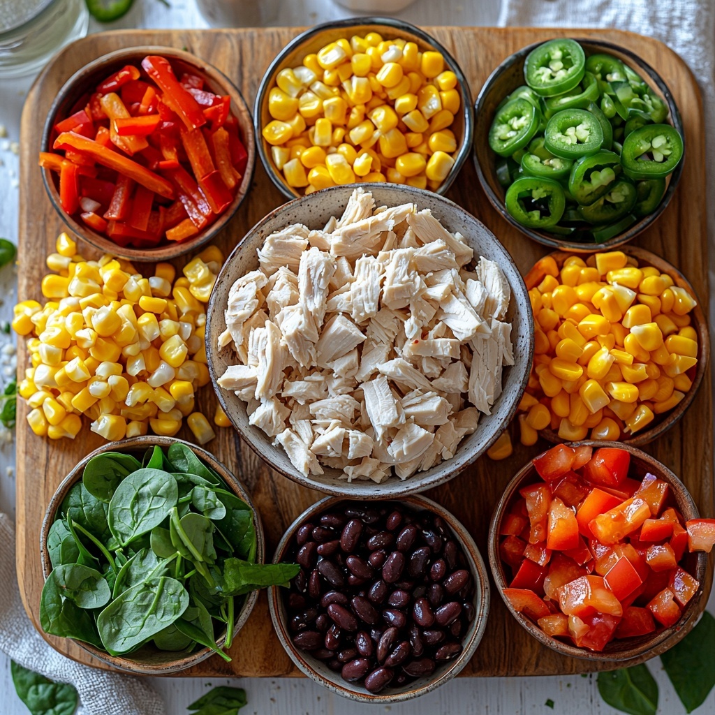 chopped cooked chicken in a small white bowl, shredded Monterey Jack cheese loose and slightly scattered, drained and rinsed black beans in a rustic ceramic bowl, canned corn kernels bright yellow in a glass bowl, small-diced red bell pepper vibrant red pieces neatly arranged on a wooden board, finely chopped fresh baby spinach vivid green pile on a white marble surface, thinly sliced scallions with white and green sections fanned out, chopped pickled jalapenos in a tiny dish with glossy texture, small bowls of chili powder, ground cumin, garlic powder, onion powder, kosher salt, and black pepper arranged in a neat line with fine textured spices in warm earth tones, egg roll wrappers stacked with subtle translucency and soft edges on a clean linen napkin, small bowl of water with light reflections, all ingredients spaced evenly and artfully on a smooth, clean light wood surface with soft natural lighting casting gentle shadows, focus on vibrant colors and contrasting textures, minimalistic modern style with airy negative space, overhead shot, top down view, flat lay photography, professional food styling --ar 1:1 --q 2 --s 750 --v 6.1