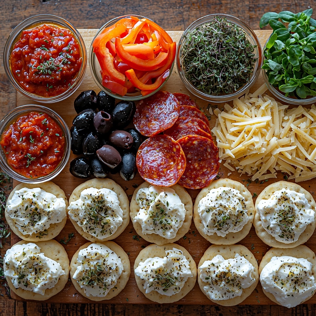 English muffins halved with their soft, porous texture visible, small bowls of rich red pizza sauce with a glossy surface, a scattering of fine, shredded mozzarella cheese in bright white clumps, an assortment of colorful toppings including deep red pepperoni slices, vibrant green and red bell pepper strips, and shiny black olives, and a small heap of mixed Italian herbs featuring dried oregano, basil, and thyme in muted green tones. All ingredients are meticulously arranged on a clean, light wooden surface with natural warm tones, spaced evenly to emphasize texture and color contrast. Natural soft daylight enhances the fresh, inviting look, with minimal shadows to keep the image bright and airy. The composition is balanced and visually appealing, styled with casual elegance to evoke a cozy kitchen atmosphere. overhead shot, top down view, flat lay photography, professional food styling --ar 1:1 --q 2 --s 750 --v 6.1