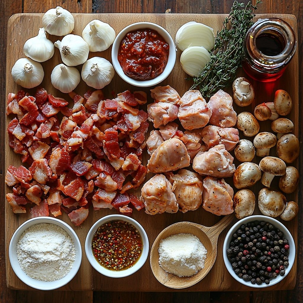 A clean, rustic wooden surface neatly arranged with the main ingredients for Classic Coq Au Vin: raw chicken pieces with skin showing, crispy diced bacon in a small white ceramic bowl, sliced cremini mushrooms with their earthy brown caps and creamy undersides, pearl onions peeled and glistening white, whole garlic cloves finely minced spread delicately, a small dollop of deep red tomato paste on a wooden spoon, a neat pile of fine all-purpose flour on a white porcelain dish, a small glass bowl of golden olive oil reflecting light, fresh green thyme sprigs and two aromatic bay leaves placed artistically, a simple black pepper mill with scattered coarse black peppercorns, and a vintage measuring cup filled with deep ruby dry red wine alongside a bowl of light golden chicken broth. The colors contrast beautifully—the warm browns, reds, and greens pop against the clean surface. Soft natural lighting highlights the textures: the glossy mushrooms, the raw chicken skin, the coarse bacon, and the delicate herbs. Everything is spaced evenly with subtle shadows to create depth and invite warmth and rustic charm. overhead shot, top down view, flat lay photography, professional food styling --ar 1:1 --q 2 --s 750 --v 6.1