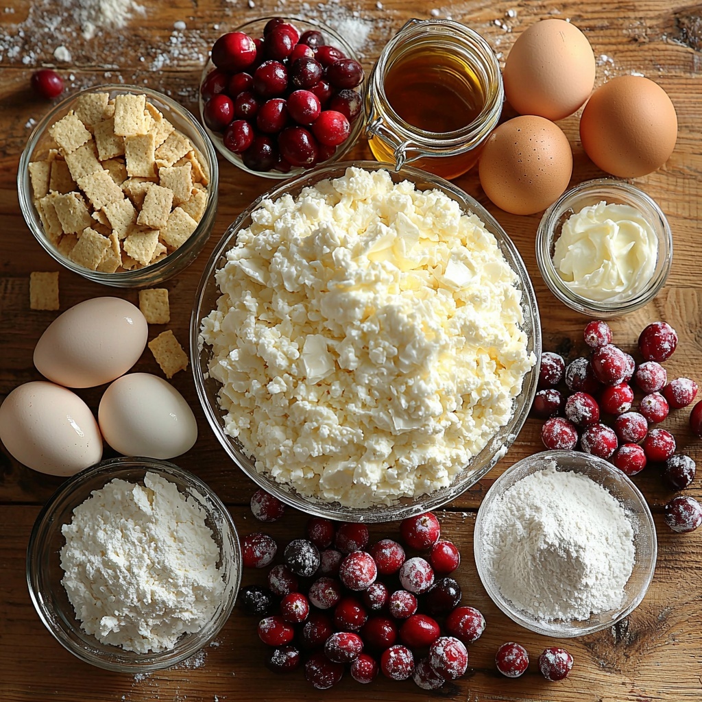 A clean, light wooden surface neatly arranged with all main ingredients for a Cranberry White Chocolate Cheesecake in a visually balanced flat lay. On the left, a small glass bowl of golden graham cracker crumbs next to a smaller bowl of white granulated sugar. Nearby, a dish with glossy melted golden butter. Centered, a large block of smooth, creamy off-white cream cheese. Around it, three fresh brown eggs with intact shells. To one side, a small bowl of thick, white sour cream. A delicate white porcelain dish holding chunks of glossy white chocolate pieces. Two small glass jars of vanilla extract with amber liquid gleaming. A neat pile of fine white all-purpose flour with a tiny pinch of salt beside it. On the right, a rustic bowl of vibrant red fresh cranberries, some with frost (for frozen look), paired with a small glass bowl of deep orange juice and a tiny bowl of clear water. A small mound of bright orange zest curls artistically nearby. A tiny dish with fine white cornstarch completes the grouping. The colors contrast beautifully: rich reds, creamy whites, warm golden tones, and bright orange accents. Soft natural light highlights textures — the crumbly graham crackers, smooth cream cheese, glossy melted butter, shiny cranberries, and fine sugar grains. The arrangement is symmetrical yet dynamic, with ingredients spaced to catch the eye. Overhead shot, top down view, flat lay photography, professional food styling --ar 1:1 --q 2 --s 750 --v 6.1