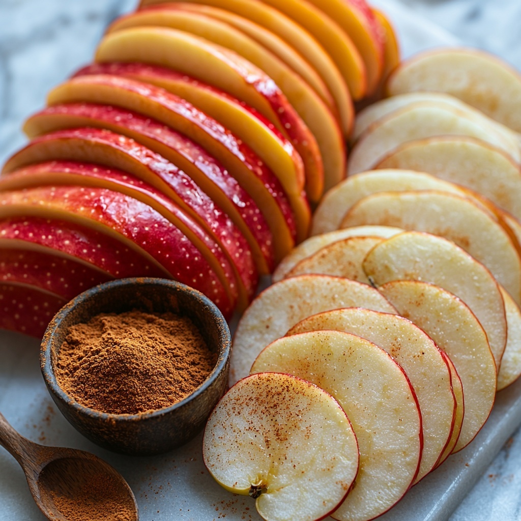Medium-sized Gala, Fuji, and Red Delicious apples whole and thinly sliced with delicate translucent edges, arranged in neat overlapping rows on a clean white marble surface; small rustic ceramic bowl of ground cinnamon with a tiny wooden spoon beside it; vibrant red and yellow apple skins contrasting with soft white and pale cream apple flesh; subtle cinnamon dusting artistically sprinkled around; soft natural daylight casting gentle shadows enhancing the smooth textures and crispness of the apple chips; minimalist, airy styling with ample negative space highlighting freshness and simplicity; overhead shot, top down view, flat lay photography, professional food styling --ar 1:1 --q 2 --s 750 --v 6.1