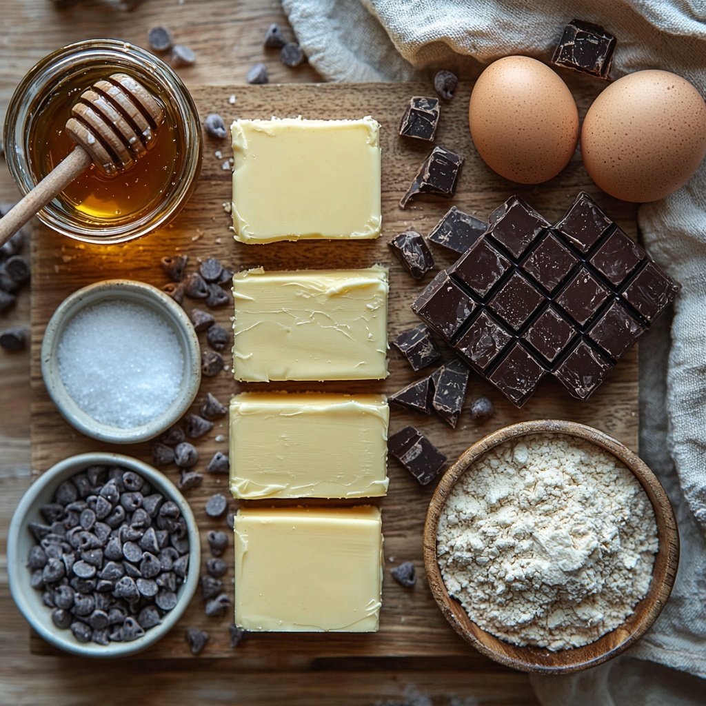 A clean, bright surface with all main ingredients for Tahini Butter Chocolate Chip Cookie Bars perfectly arranged in a harmonious flat lay composition. Two sticks of creamy, pale yellow salted butter sit on a small wooden board; next to a small glass bowl of rich, golden brown sugar with a soft granular texture. A clear jar of glossy amber honey with honey drips nearby. A smooth, thick pool of light tan tahini spread naturally on a small white dish. Two fresh brown speckled eggs with matte shells resting beside a small glass bowl of warm vanilla extract with a dark amber hue. A neat mound of fine, off-white all-purpose flour dusted lightly around its edges, paired with small bowls holding fine white baking soda and coarse pale sea salt crystals. Scattered close by are heaps of shiny, dark semi-sweet chocolate chips and irregular chunks with glossy surfaces catching soft light. The overall arrangement is balanced with natural shadows, warm tones, and minimal props—a linen cloth folded gently on one side, hinting at rustic home baking. The composition conveys inviting textures from smooth and creamy to granular and chunky. overhead shot, top down view, flat lay photography, professional food styling --ar 1:1 --q 2 --s 750 --v 6.1