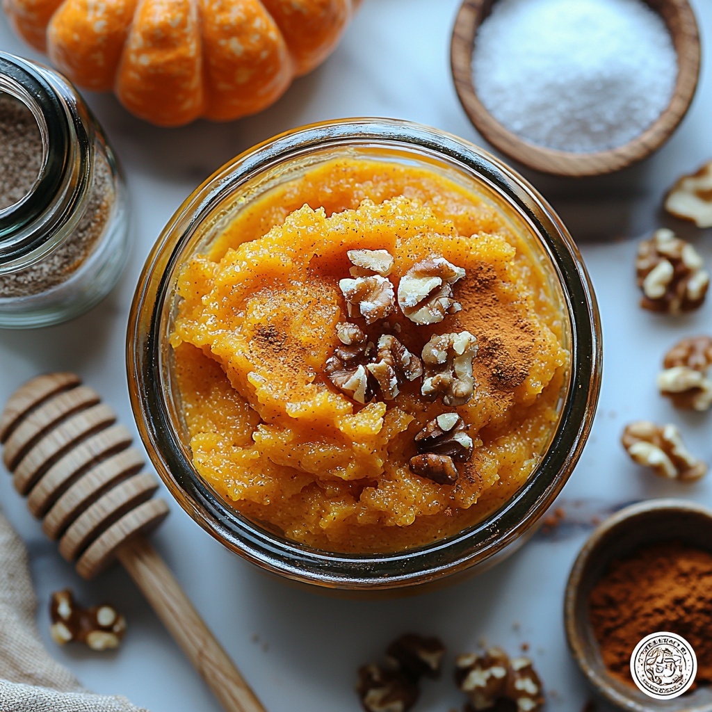 Softened vegan butter in a small glass bowl with a creamy texture, bright orange pumpkin puree in a rustic ceramic bowl, coarse golden brown sugar in a wooden scoop, fine white granulated sugar in a clear glass jar, small glass bottle with amber vanilla extract, a neat pile of off-white all-purpose flour dusted lightly around, walnuts scattered for subtle texture, small bowls with warm brown pumpkin pie spice and fine white cornstarch powders, a tiny mound of salt crystals on a vintage spoon, rich brown powdered sugar overflowing slightly from a ceramic bowl, cinnamon sticks and a wooden honey dipper for rustic accents, everything arranged thoughtfully on a clean white marble surface with soft natural light casting gentle shadows, vibrant autumn colors and varied textures contrasting beautifully, minimalist styling with a hint of cozy warmth, accentuated by delicate linen napkins folded nearby, overhead shot, top down view, flat lay photography, professional food styling --ar 1:1 --q 2 --s 750 --v 6.1