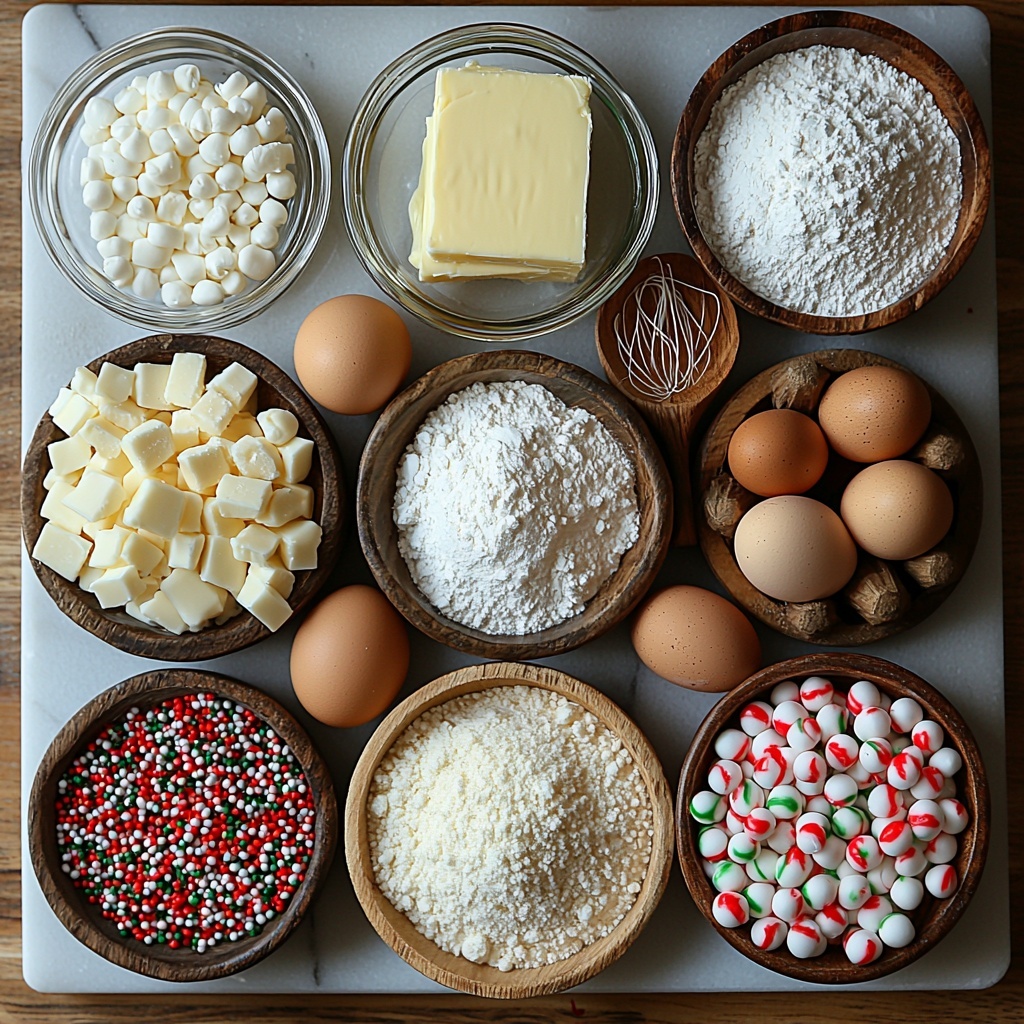 A clean white marble surface featuring all the main ingredients for peppermint pinwheel cookies arranged neatly in a flat lay style: a small glass bowl of softened unsalted butter, a rustic ceramic bowl filled with fine white confectioners’ sugar, another bowl containing granulated white sugar, two fresh whole eggs with smooth brown shells, a small clear dish of vanilla extract, a matching small dish of peppermint extract, a wooden bowl heaped with all-purpose flour, a tiny dish with baking powder, another small dish with salt crystals, vibrant red and green gel food coloring tubes, and a shallow white dish spilling festive red, white, and green nonpareil sprinkles. Nearby, a piece of parchment paper dusted lightly with flour hints at the dough preparation, with a sleek metal whisk and a wooden mixing spoon artfully placed for texture contrast. The colors include soft creamy whites, warm browns, bright festive reds and greens, and natural wood tones, all styled with balanced spacing, soft natural lighting highlighting textures of sugar, flour, and sprinkles, subtle shadows adding depth, minimalistic and elegant – overhead shot, top down view, flat lay photography, professional food styling --ar 1:1 --q 2 --s 750 --v 6.1