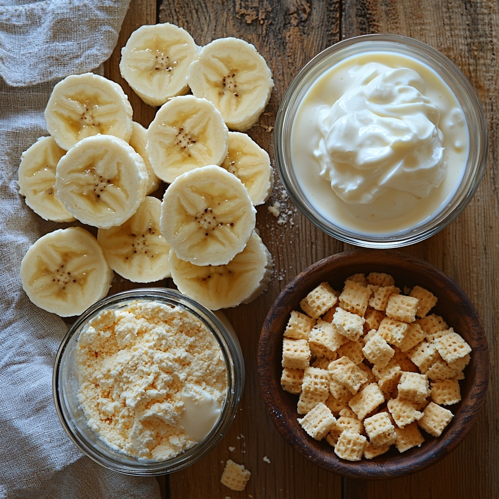 A clean, bright wooden surface with the main ingredients for banana pudding cups neatly arranged for an overhead flat lay: a small open package of instant vanilla pudding mix in pale creamy yellow powder form, a clear glass measuring cup filled with smooth, white whole milk, three ripe bananas sliced into thin even rounds showing their soft, pale yellow flesh with slight brown speckles, a generous dollop of fluffy, white whipped cream in a glass bowl reflecting light softly, and a small rustic bowl filled with golden crushed vanilla wafers showing crumbly texture. The ingredients are spaced thoughtfully with soft natural lighting enhancing the warm creamy tones, subtle shadows adding depth, and a few loose vanilla wafer crumbs scattered artfully for texture. The scene is styled minimally to emphasize freshness and simplicity, with a neutral-colored linen napkin peeking in one corner to add warmth and softness to the composition. Overhead shot, top down view, flat lay photography, professional food styling --ar 1:1 --q 2 --s 750 --v 6.1