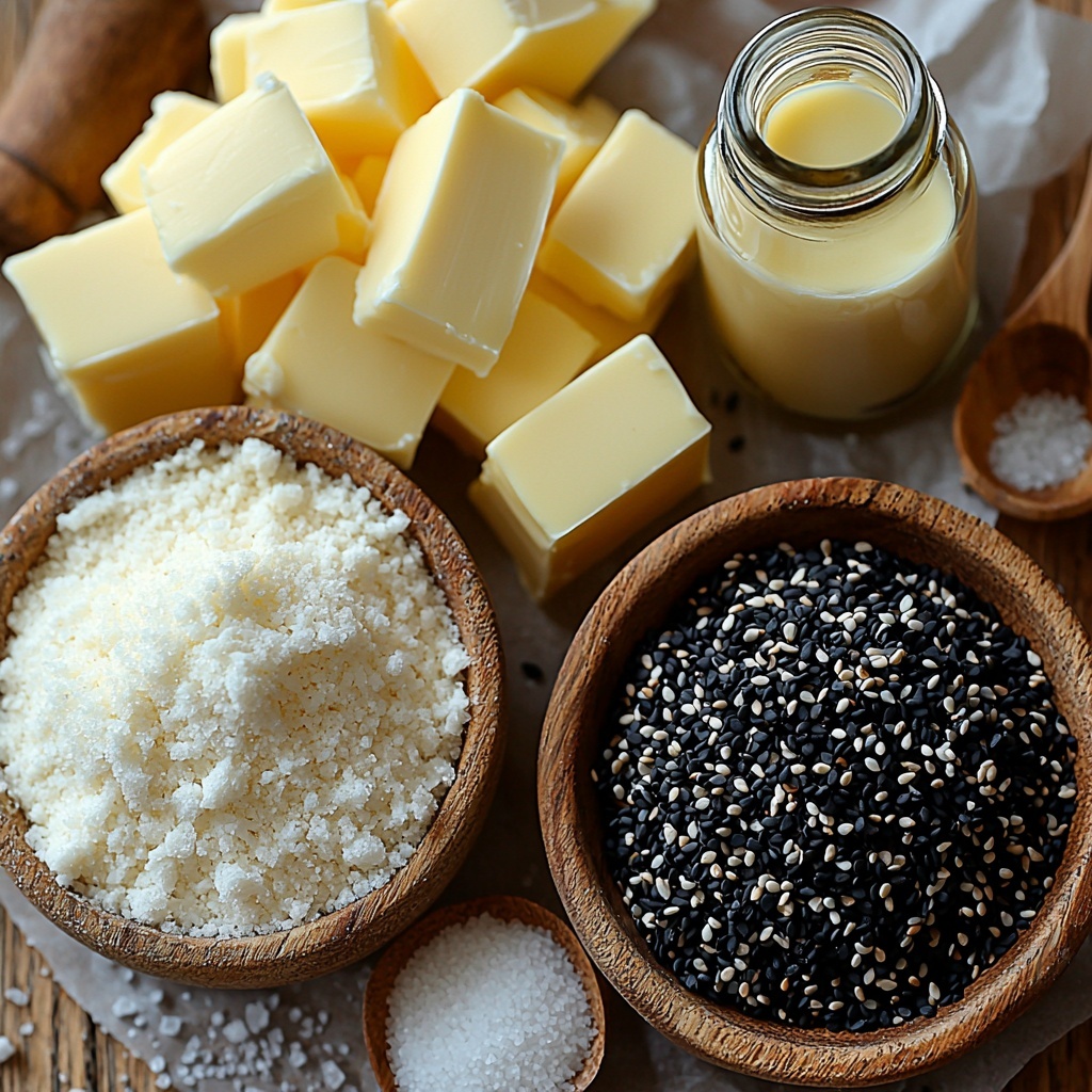 roasted black sesame seeds in a small rustic bowl with some scattered loose seeds around, granulated sugar in a neat pile with slight sparkle, fine sea salt crystals in a tiny ceramic dish, all-purpose flour in a small mound with soft powdery texture, cold unsalted butter cut into clean small cubes arranged in a tidy cluster on parchment paper, a glass bottle of pure vanilla extract with a small dropper next to it, white sesame seeds scattered delicately for sprinkling, all ingredients arranged thoughtfully on a clean matte light wood surface with natural daylight casting soft shadows, minimalistic styling with neutral tones to highlight the deep black of the sesame seeds contrasted by the pale flour and butter, subtle texture contrasts between coarse seeds and powdery flour, overhead shot, top down view, flat lay photography, professional food styling --ar 1:1 --q 2 --s 750 --v 6.1