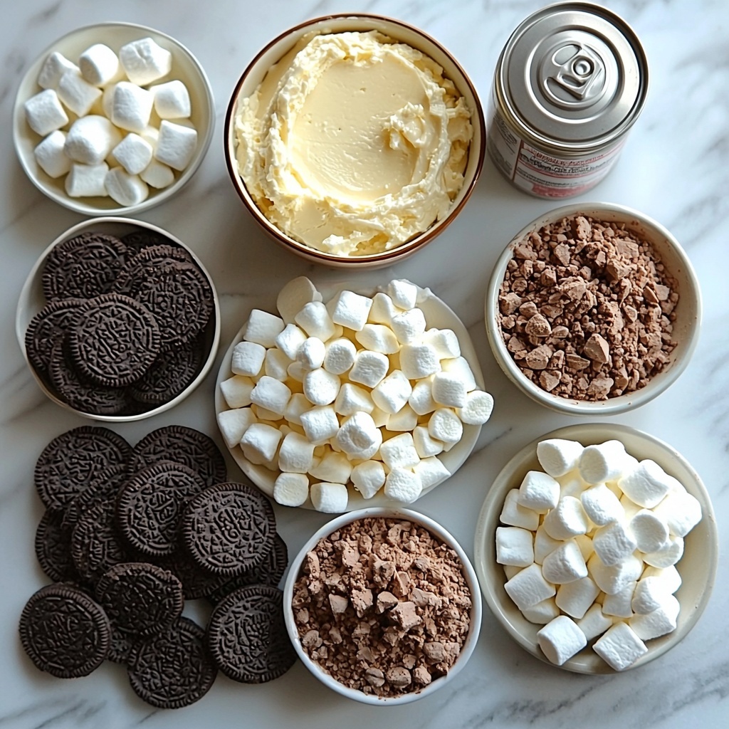 Frozen Hot Chocolate Cheesecake ingredients arranged on a clean white marble surface, including a small bowl of finely crushed Oreo crumbs with visible chocolate cookie bits and creamy filling flecks, a dish with melted golden-yellow unsalted butter, an opened package of cream cheese showing smooth, soft white texture, a can of glossy sweetened condensed milk with condensed milk dripping slightly from the rim, three cups of rich milk chocolate flavored hot cocoa mix packets displaying marshmallow pieces, a small bowl of deep, dark brown Dutch process cocoa powder with a velvety texture, a container of thawed fluffy white whipped topping with soft peaks, a small pile of tiny dehydrated white marshmallows with powdery surfaces, a spray can of cooking spray visible but subtle, and a swirl of fresh white whipped cream garnish on a small plate. The ingredients are spaced evenly with natural soft daylight casting gentle shadows, styled with rustic wooden spoons and a neutral linen napkin for warmth and texture contrast. The overall color palette balances creamy whites, rich browns, and soft yellows, emphasizing varied textures from powders to creamy and crumbly components. Overhead shot, top down view, flat lay photography, professional food styling --ar 1:1 --q 2 --s 750 --v 6.1