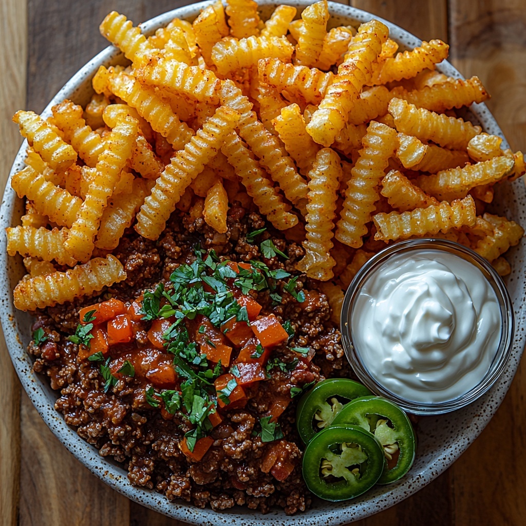 A clean, light wood surface with all main ingredients for chili cheese fries artfully arranged in a balanced flat lay. Golden crinkle-cut frozen French fries neatly spread in a small rustic white bowl showing their crispy ridged texture. Next to it, a small cast iron skillet filled with browned, crumbled lean ground beef mixed with deep red chili beans, glistening with a spicy sauce. A generous heap of shredded cheddar cheese in a small clear glass bowl with vibrant orange-yellow hues and soft, curly texture. A small white ramekin with smooth, creamy white sour cream, slightly swirled on top to show its rich texture. Optional jalapeño slices scattered in a tiny dish with glossy, deep green skin and seeds visible. Soft natural light highlights the contrast between the crispy fries, hearty beef chili, melty cheese, and cool sour cream, with minimal shadows emphasizing textures and freshness. Overhead shot, top down view, flat lay photography, professional food styling --ar 1:1 --q 2 --s 750 --v 6.1