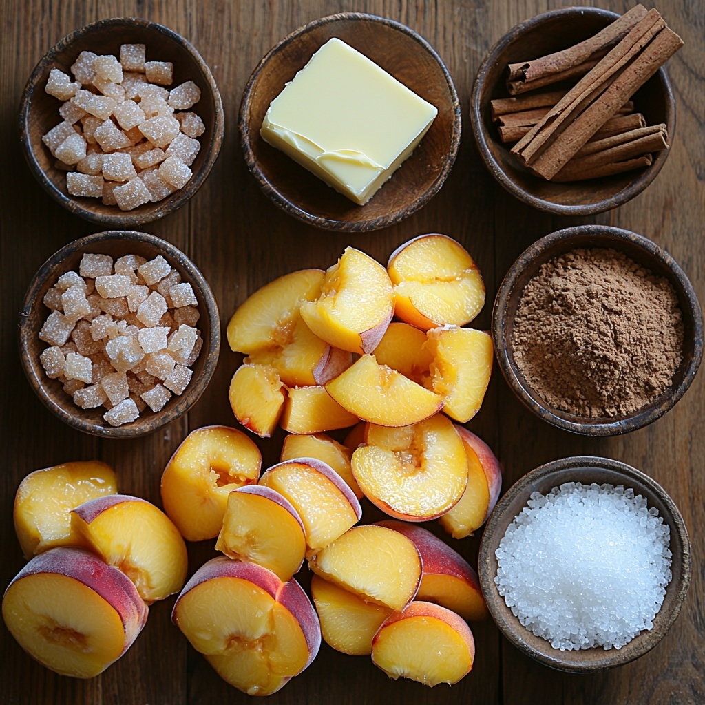 fresh peaches halved with vibrant orange and reddish skin, smooth buttery block of unsalted butter partially melted, small rustic bowls containing golden brown sugar crystals, warm brown cinnamon powder, fine beige ginger powder, and a tiny pinch of coarse salt crystals, all arranged neatly on a clean light wooden surface with subtle natural grain textures, soft natural daylight illuminating the scene creating gentle shadows, scattered cinnamon sticks and a vintage silver spoon enhancing rustic charm, a minimalist and airy composition with balanced spacing and soft warm tones highlighting the freshness and warmth of the ingredients, overhead shot, top down view, flat lay photography, professional food styling --ar 1:1 --q 2 --s 750 --v 6.1