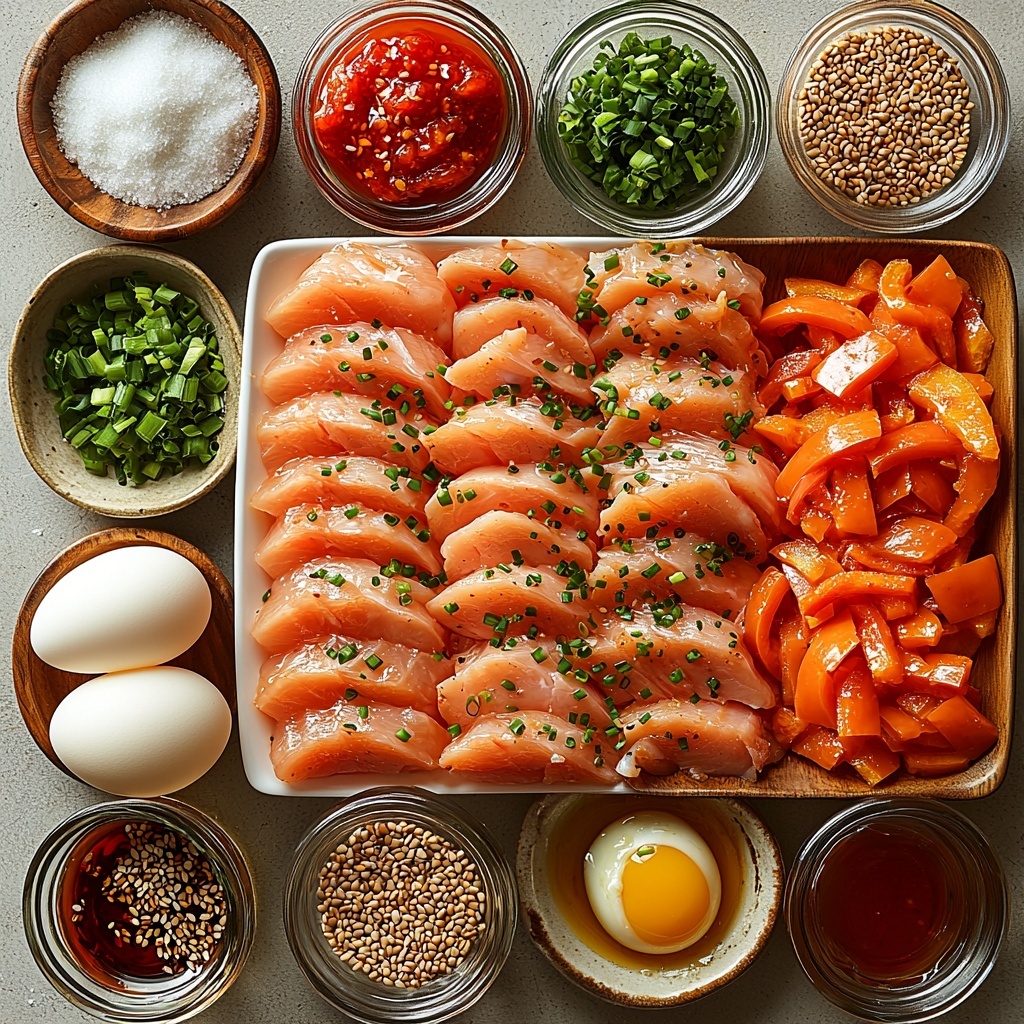 boneless skinless chicken breasts thinly sliced arranged neatly on a white ceramic plate, small glass bowls with cornstarch, a single egg white in a transparent ramekin, salt and pepper in tiny porcelain spoons, a small bottle of vegetable oil and a small bottle of sesame oil with golden hues, minced garlic and minced ginger placed in rustic wooden bowls, whole dried red chilies scattered elegantly beside crushed red pepper flakes in a petite dish, a glossy bowl of bright red tomato ketchup, another bowl with dark soy sauce, a small dish of vibrant red chili garlic sauce, a tiny bowl with clear vinegar, a small jar of golden honey or white sugar granules, a glass of water, fresh green onions sliced into thin diagonals arranged in a fan shape, toasted sesame seeds sprinkled artfully on a white square plate, thin crispy fried onion and bell pepper strips on a small serving plate, all items spaced evenly on a clean matte white surface with soft natural light highlighting varying textures – smooth, glossy, powdery, and crisp – vibrant colors contrasting against the minimalist background creating a fresh and inviting composition, overhead shot, top down view, flat lay photography, professional food styling --ar 1:1 --q 2 --s 750 --v 6.1