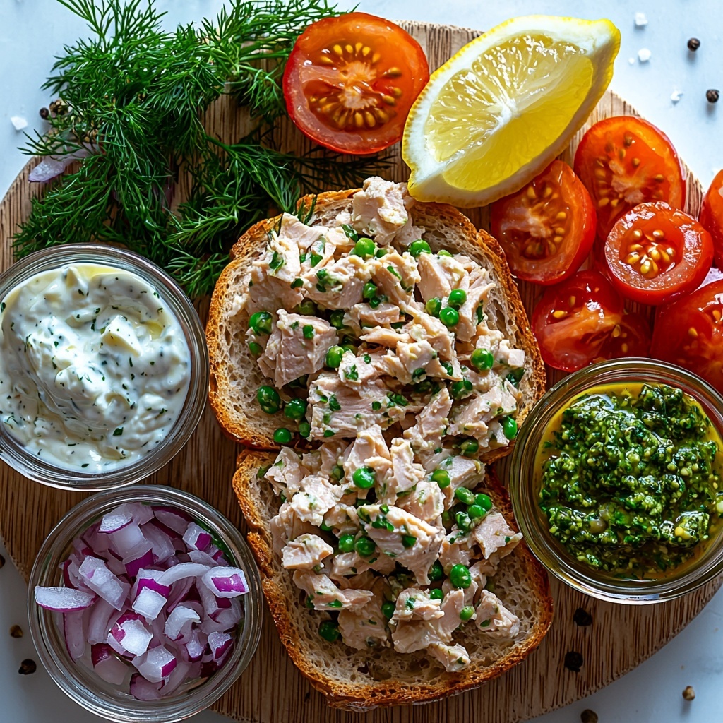A clean, bright white surface neatly arranged with the main ingredients for a spicy tuna salad sandwich: an open can of flaky, moist tuna, small glass bowls containing finely diced vibrant red onion, glossy green capers, and freshly chopped bright green dill; a small dish of smooth, creamy Dijon mustard with a golden yellow hue; a white ramekin filled with thick, snowy plain Greek yogurt; a lemon wedge showcasing bright yellow, juicy flesh; a rustic whole wheat bread slice toasted to a warm golden brown with a crisp texture; a portion of creamy mashed avocado with rich pale green tones spread on a small wooden board; fresh, ripe tomato slices with deep red color and glossy moisture; a small spoonful of dark green, oily pesto; a sprinkle of coarse salt and cracked black pepper scattered artfully; all elements styled with natural light casting soft, diffused shadows, minimal props, and slight textural contrasts emphasizing freshness and vibrant colors. overhead shot, top down view, flat lay photography, professional food styling --ar 1:1 --q 2 --s 750 --v 6.1