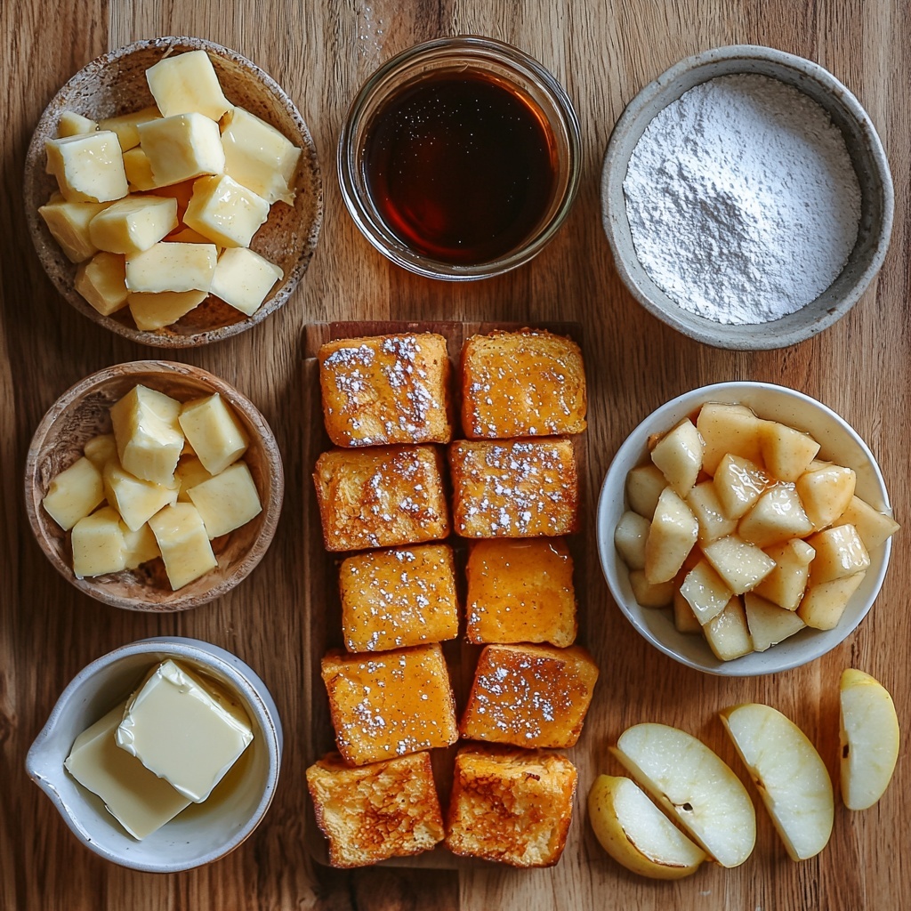 A clean, light wooden surface with all main ingredients for Fall Pumpkin French Toast neatly arranged in an inviting flat lay composition. Three large brown eggs in a small cluster next to a smooth, vibrant orange bowl of canned pumpkin puree. A clear glass measuring cup filled with creamy whole milk placed beside a small white dish holding light to medium brown granulated brown sugar. A tiny vintage jar with amber vanilla extract alongside small white spoons containing warm-toned ground cinnamon, nutmeg, and cloves, their fine powders softly spilled for texture. A pinch of sea salt in a rustic ceramic bowl. Six thick slices of golden brioche bread stacked slightly overlapping, showcasing their airy, soft texture and crusty edges. A small pat of pale yellow butter on a wooden butter dish next to a small skillet with a few cubes of butter ready for melting. Two peeled apples, one whole and one diced in a small bowl showing glossy, freshly cut surfaces. A little white ramekin with maple syrup, shimmering with deep amber color, and a small sieve dusted with snowy powdered sugar positioned nearby. A small wedge of bright lemon with textured skin, and a tiny vintage spoon holding brown sugar and cinnamon for the sautéed apples. Natural soft daylight illuminating the scene, subtle shadows adding depth, styled with minimal rustic props and neutral linen cloth to highlight warm autumn hues and textures. overhead shot, top down view, flat lay photography, professional food styling --ar 1:1 --q 2 --s 750 --v 6.1