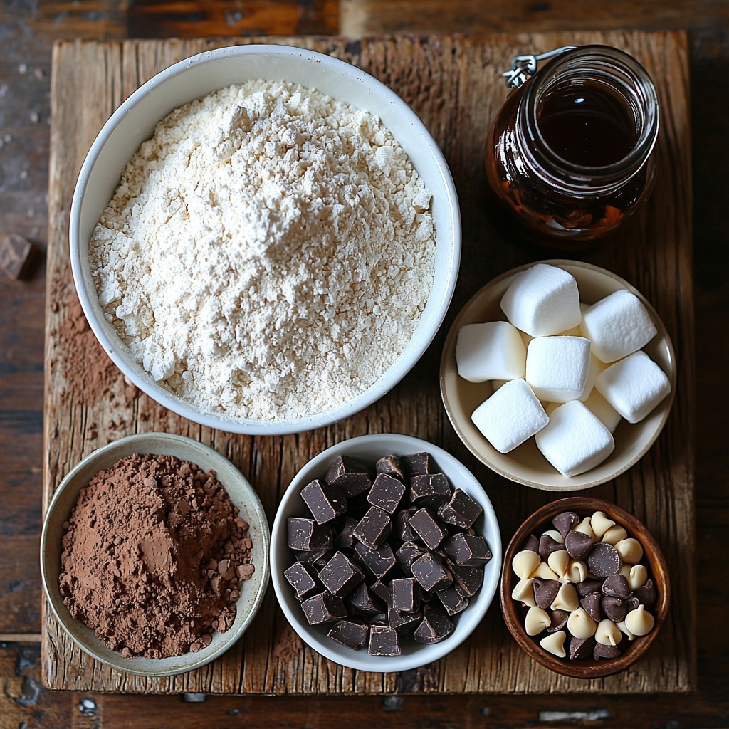 2 cups all-purpose flour in a pristine white ceramic bowl, 3/4 cup rich unsweetened cocoa powder delicately heaped beside it on a rustic wooden surface, 1/2 teaspoon baking soda and 1/4 teaspoon salt in small vintage glass spice jars, 1 cup unsalted butter softly softened and slightly melting on a marble slab, 1 1/2 cups granulated sugar sparkling in a clear glass jar catching natural light, 2 large fresh eggs with smooth brown shells nestled in a shallow dish, 2 teaspoons vanilla extract in a small amber bottle with a cork stopper, 1 cup fluffy marshmallow fluff swirled in a small white ramekin alongside a scattering of mini marshmallows, optional 1/2 cup glossy white and dark chocolate chips arranged artfully in a small bowl, optional 1/2 cup chopped walnuts or pecans piled loosely nearby, all ingredients spaced evenly with soft natural daylight highlighting the varying textures and rich, warm chocolate and creamy off-white tones, accents of rustic wood and clean white surfaces enhancing contrast, styled with minimal shadows and slight rustic charm, background clean and uncluttered for a bright inviting feel — overhead shot, top down view, flat lay photography, professional food styling --ar 1:1 --q 2 --s 750 --v 6.1