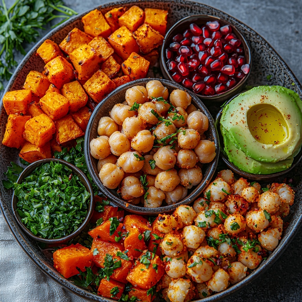 Golden roasted cauliflower florets, cubed sweet potato, sliced carrots, cooked chickpeas, small bowls of ground spices including smoked paprika, ground cumin, turmeric, salt, and black pepper, a small dish of olive oil, a smooth creamy bowl of tahini sauce with lemon juice and maple syrup, cooked fluffy quinoa grains, fresh chopped parsley, and optional toppings of vibrant ruby red pomegranate seeds, green pumpkin seeds, and sliced creamy avocado. All ingredients are artfully arranged on a clean white surface, highlighting the warm orange, yellow, and beige tones of the roasted vegetables contrasting with the neutral quinoa and the fresh green parsley. Textures vary from the rough roasted veggies and chickpeas to the smooth tahini drizzle and soft quinoa. Light natural daylight enhances freshness and rich colors, with some scattered herbs and a linen napkin adding casual elegance. Overhead shot, top down view, flat lay photography, professional food styling --ar 1:1 --q 2 --s 750 --v 6.1